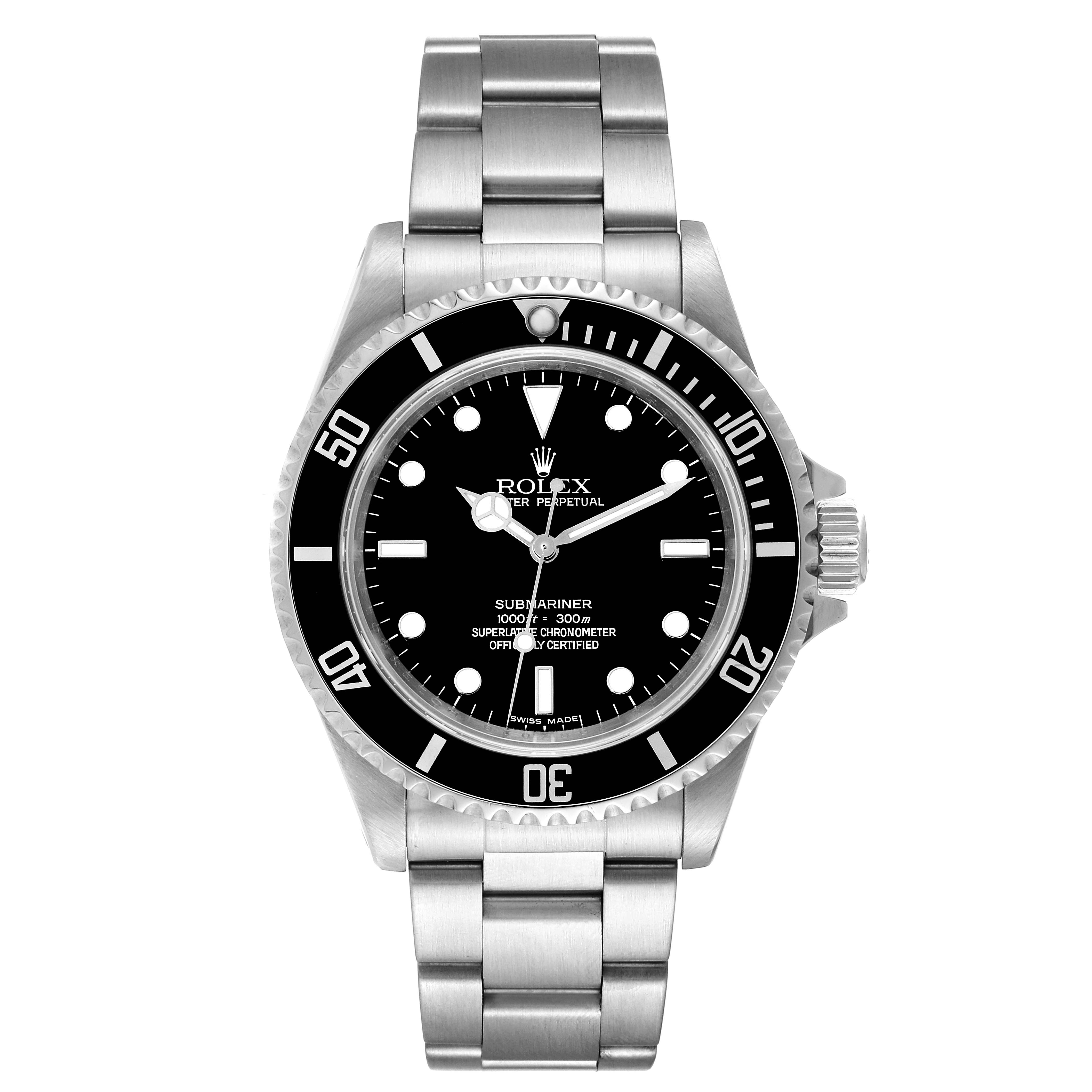 The image shows a front view of the Rolex Submariner 14060M Men's Stainless Steel Black Dial 14060M Men's Stainless Steel Black Dial watch, highlighting its black dial, bezel, and stainless steel bracelet.