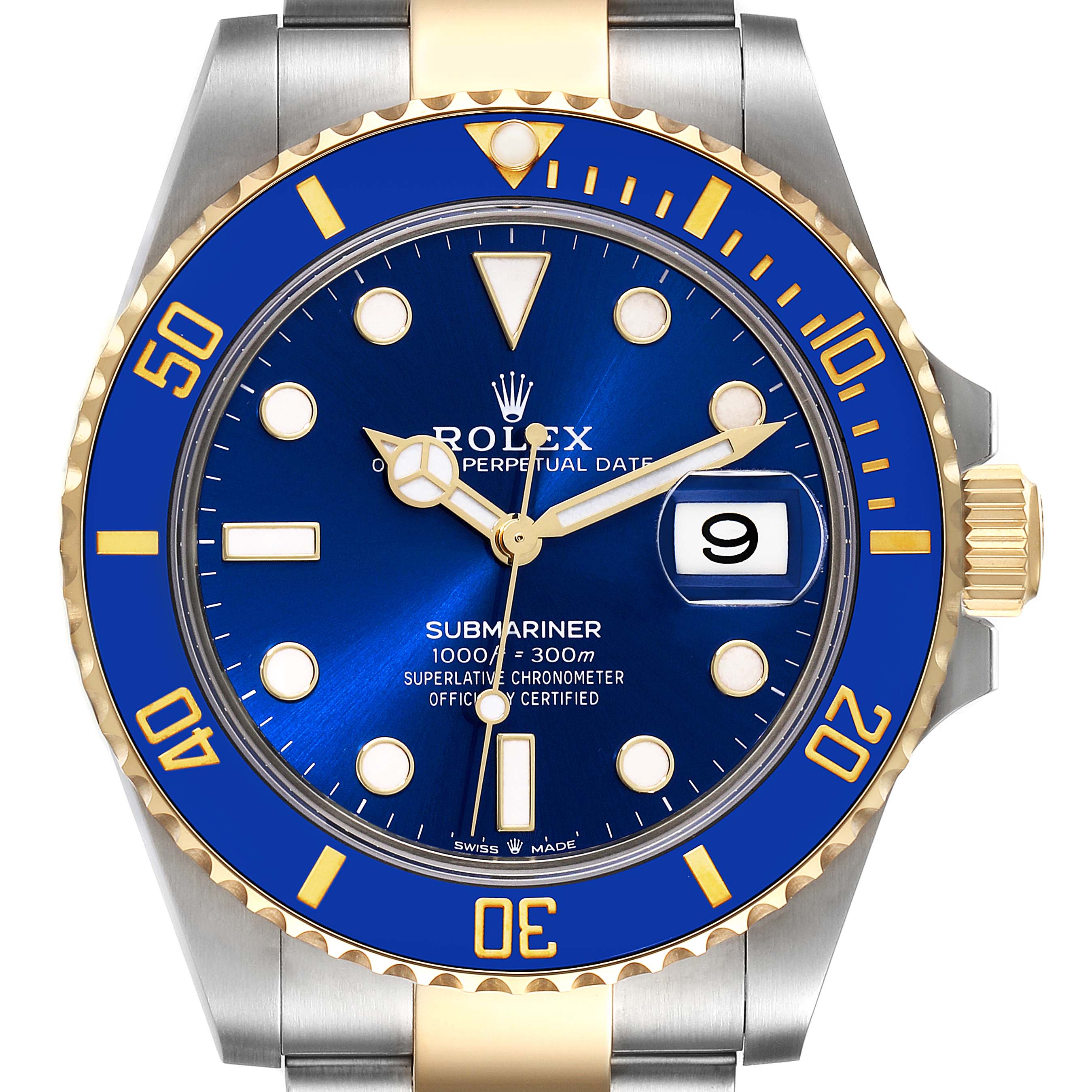 The image shows a close-up view of the face and bezel of a Rolex Submariner 126613 Men's Steel and Gold (two tone) Blue Dial 126613 Men's Steel and Gold (two tone) Blue Dial watch with a blue dial and gold accents.