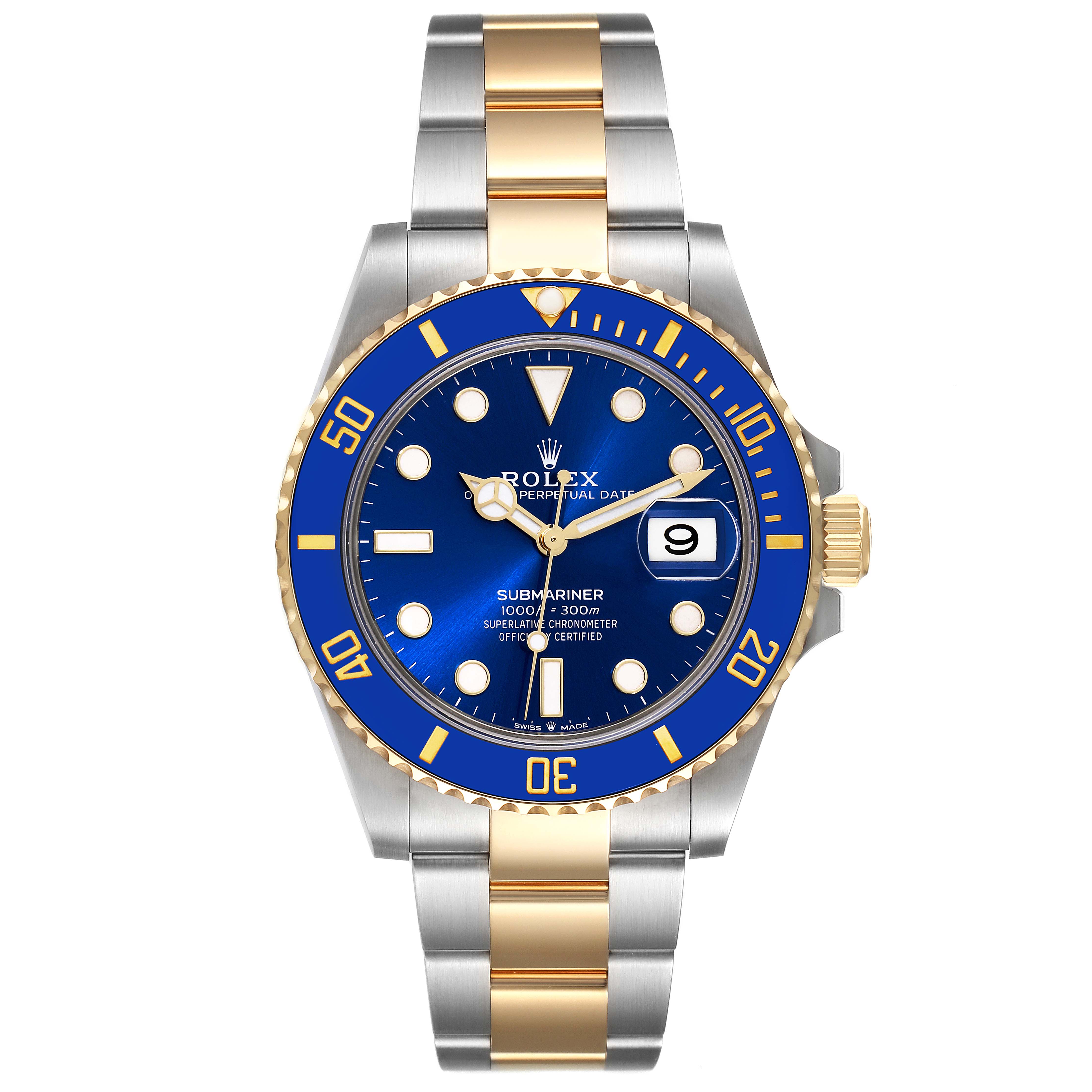 The image shows a front view of a Rolex Submariner 126613 Men's Steel and Gold (two tone) Blue Dial 126613 Men's Steel and Gold (two tone) Blue Dial watch, featuring a blue dial, date window, and two-tone metal bracelet.