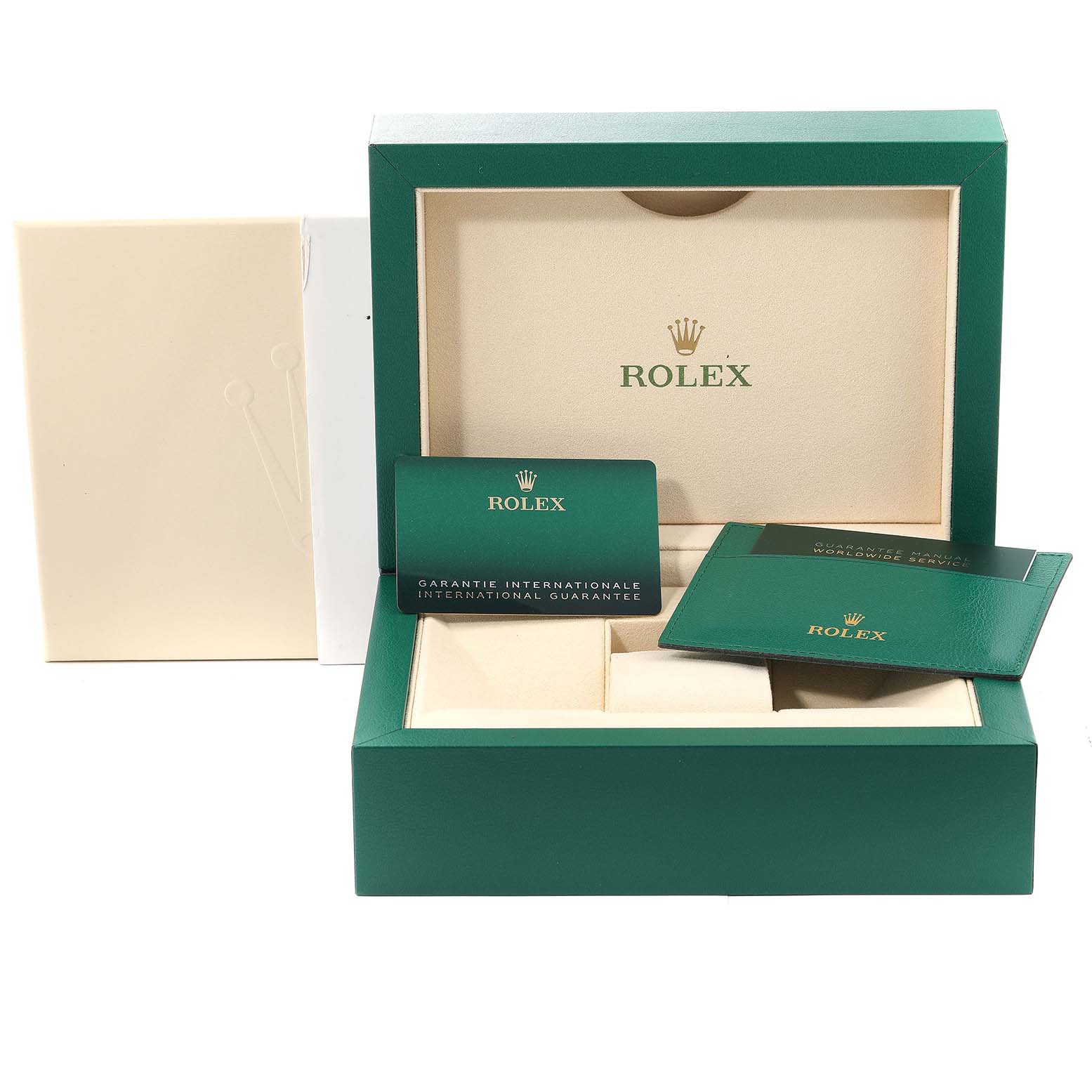 This image shows an open Rolex Submariner 126613 Men's Steel and Gold (two tone) Blue Dial 126613 Men's Steel and Gold (two tone) Blue Dial watch box, guarantee card, and documentation.