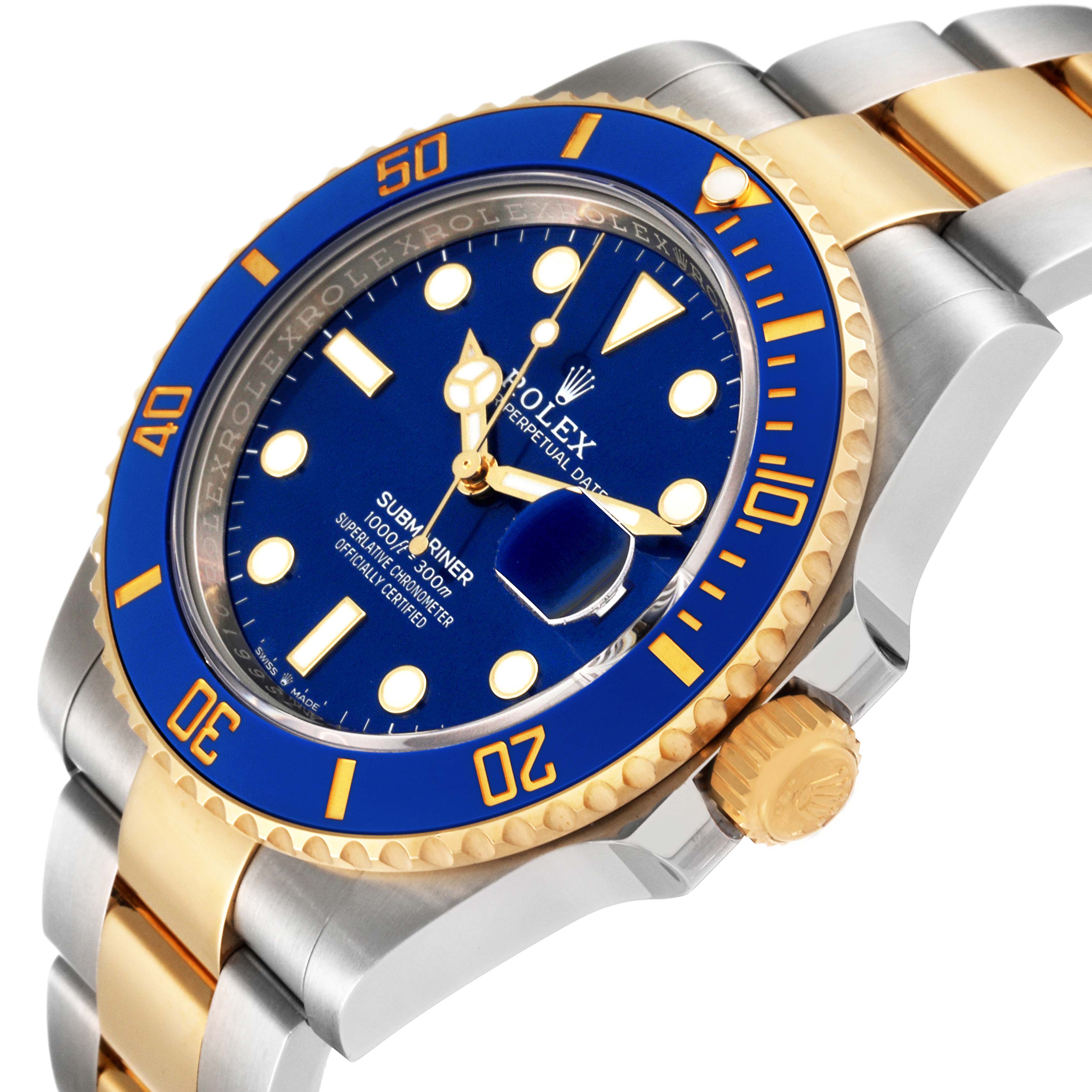 This image shows a close-up angled view of the Rolex Submariner 126613 Men's Steel and Gold (two tone) Blue Dial 126613 Men's Steel and Gold (two tone) Blue Dial watch, highlighting the blue dial, bezel, crown, and two-tone bracelet.
