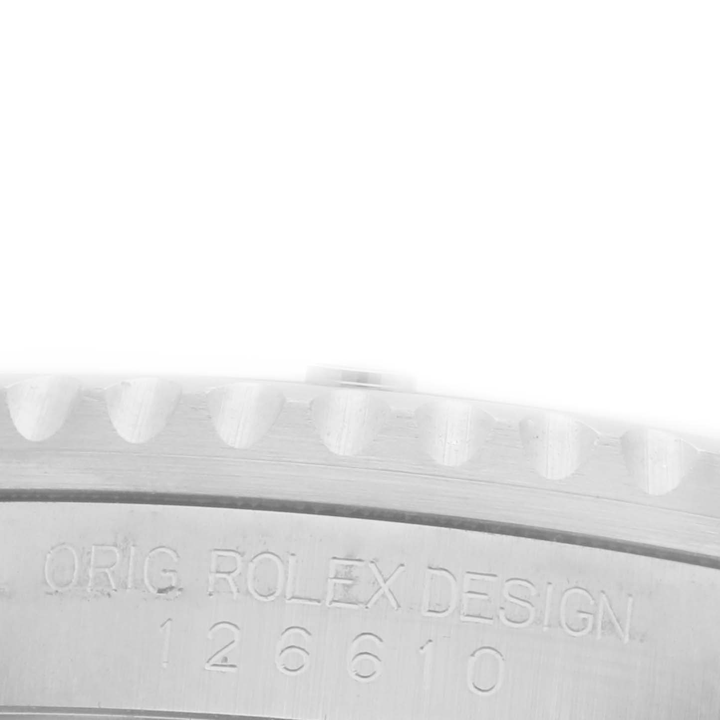 The image shows the side of a Rolex Submariner 126610LN Men's Stainless Steel Black Dial 126610LN Men's Stainless Steel Black Dial watch case, highlighting its engraved model number and bezel edge.