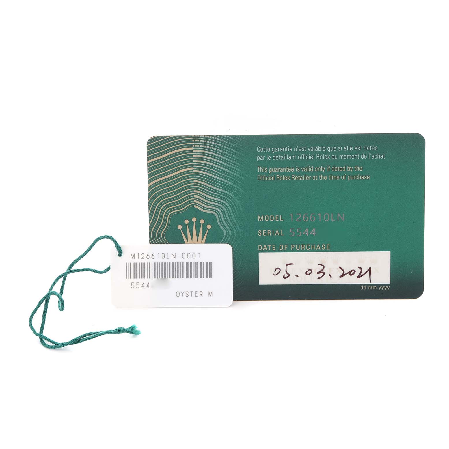The image shows the warranty and tag for the Rolex Submariner 126610LN Men's Stainless Steel Black Dial 126610LN Men's Stainless Steel Black Dial, model 126610LN, with a green card and attached string tag.