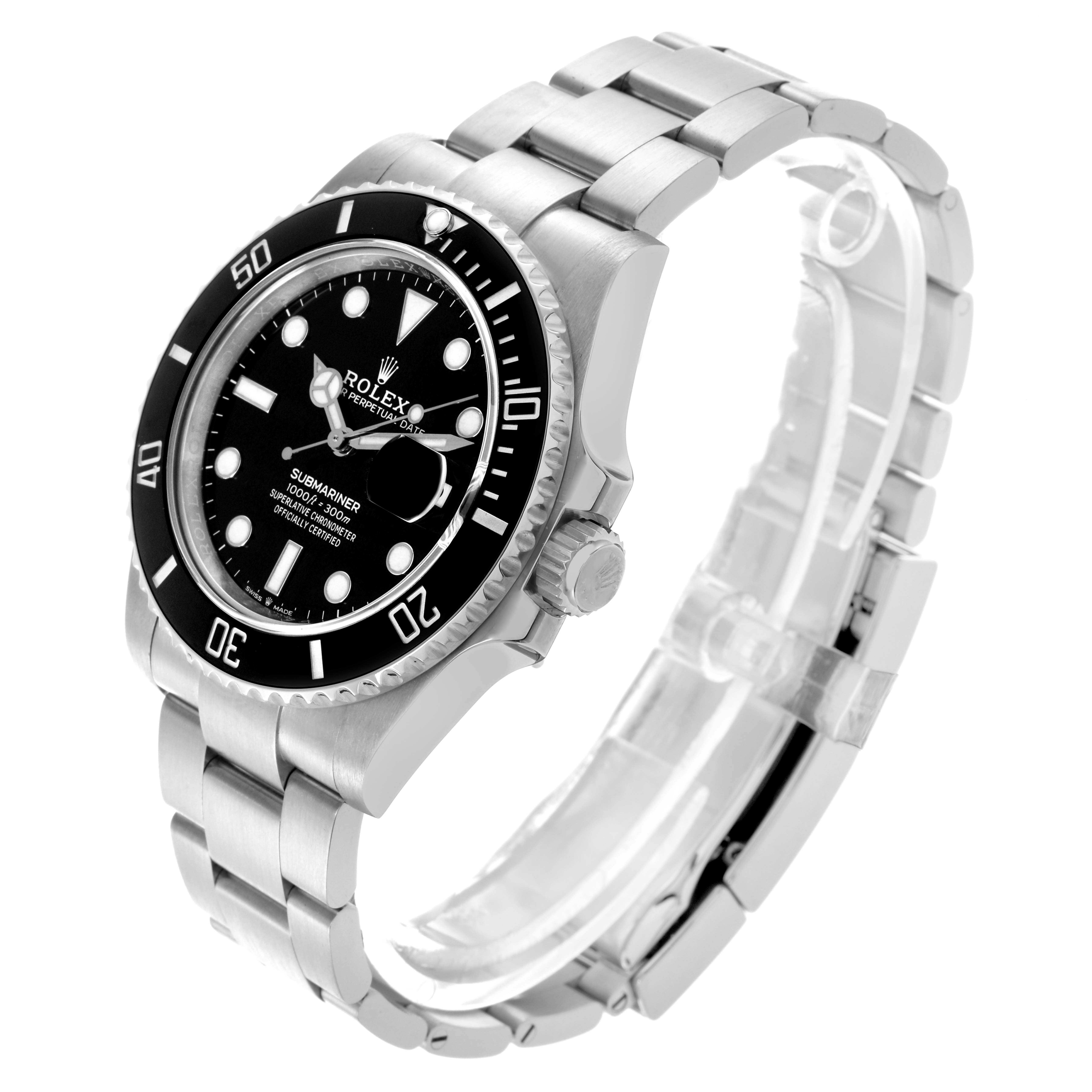 The Rolex Submariner 126610LN Men's Stainless Steel Black Dial 126610LN Men's Stainless Steel Black Dial watch is shown at an angled view, displaying the bezel, dial, crown, and part of the bracelet.