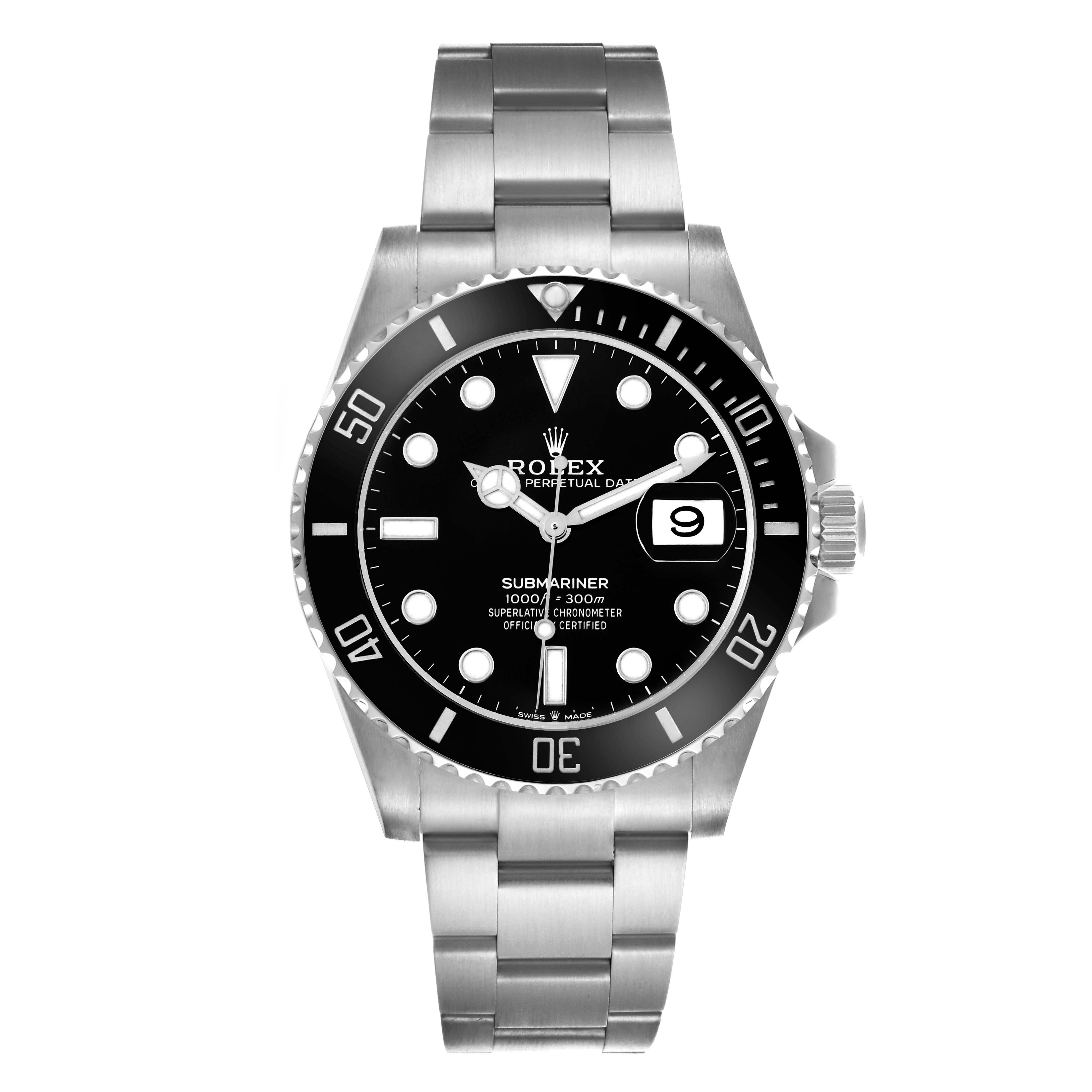 The Rolex Submariner 126610LN Men's Stainless Steel Black Dial 126610LN Men's Stainless Steel Black Dial watch is shown from a front view, displaying its dial, bezel, and bracelet.