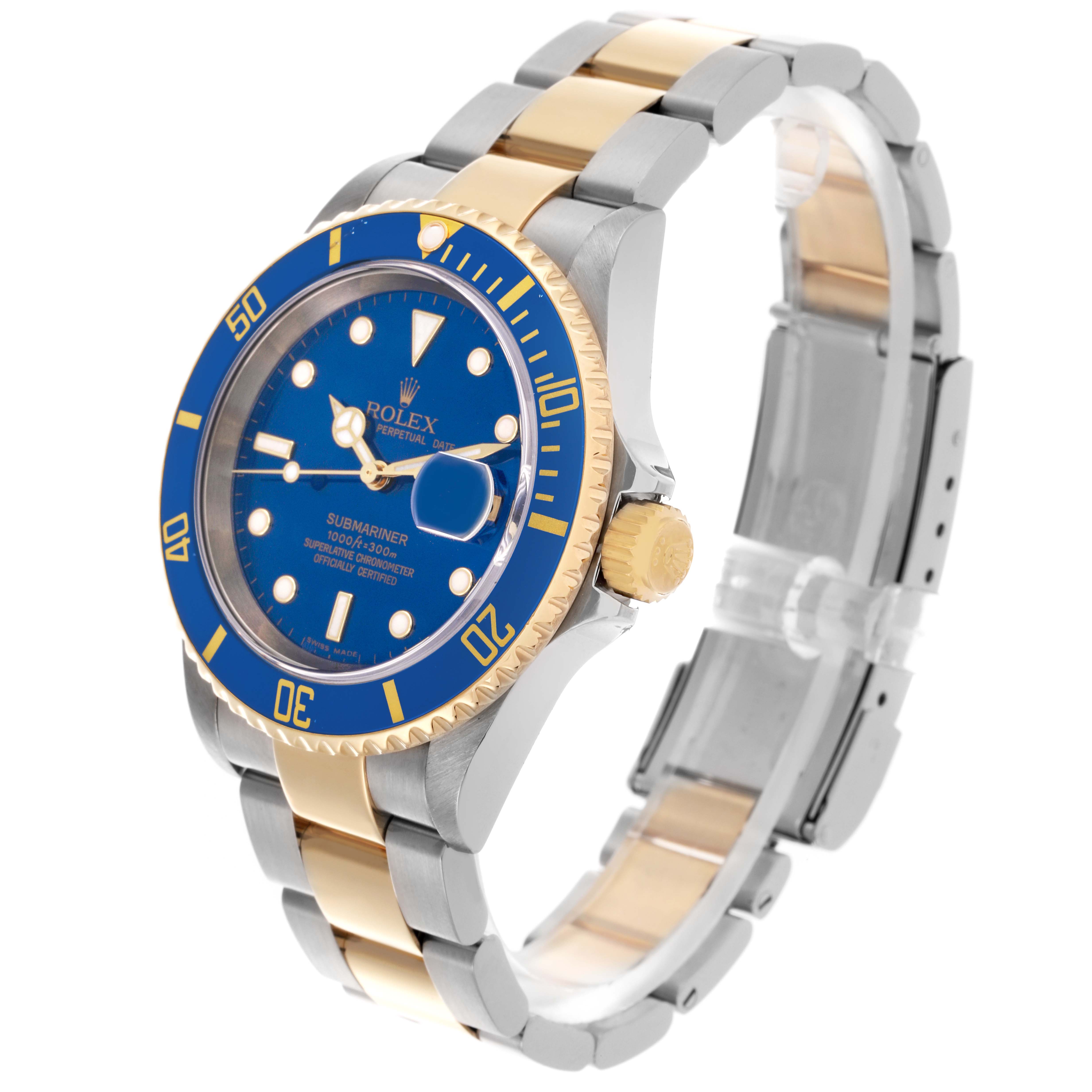 The image shows a Rolex Submariner 16613 Men's Steel and Gold (two tone) Blue Dial 16613 Men's Steel and Gold (two tone) Blue Dial watch at a three-quarter angle, highlighting the blue dial, bezel, and two-tone bracelet.