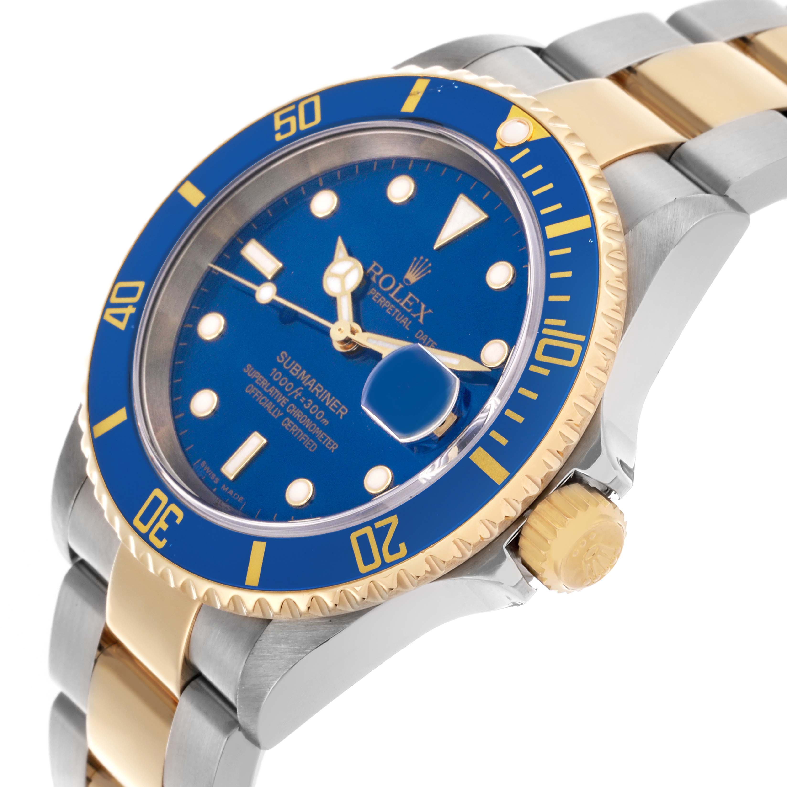 The Rolex Submariner 16613 Men's Steel and Gold (two tone) Blue Dial 16613 Men's Steel and Gold (two tone) Blue Dial is shown at a slight angle, highlighting the bezel, dial, and part of the bracelet.