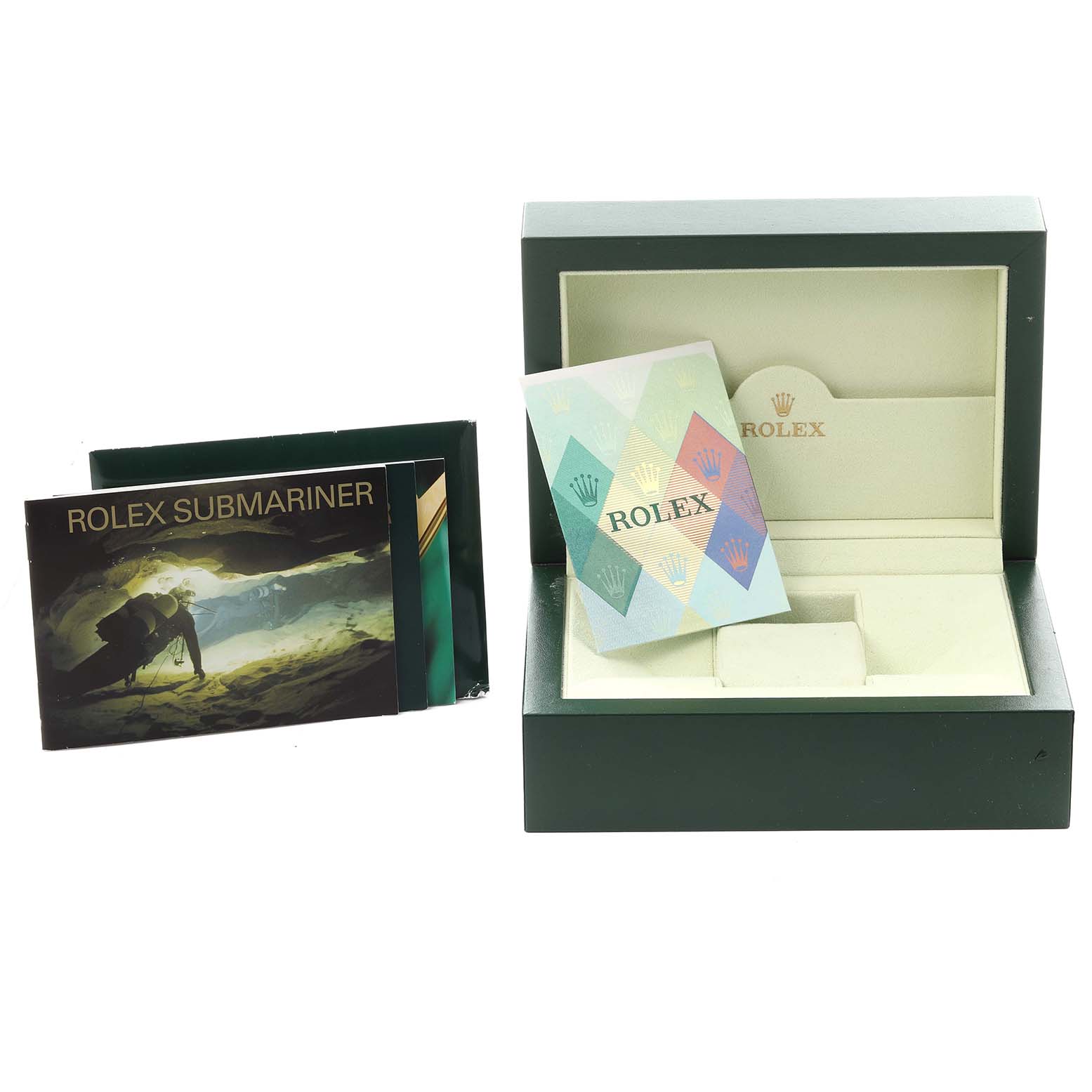 The image shows a Rolex Submariner 16613 Men's Steel and Gold (two tone) Blue Dial 16613 Men's Steel and Gold (two tone) Blue Dial box set including the watch box and manuals, viewed from the front.