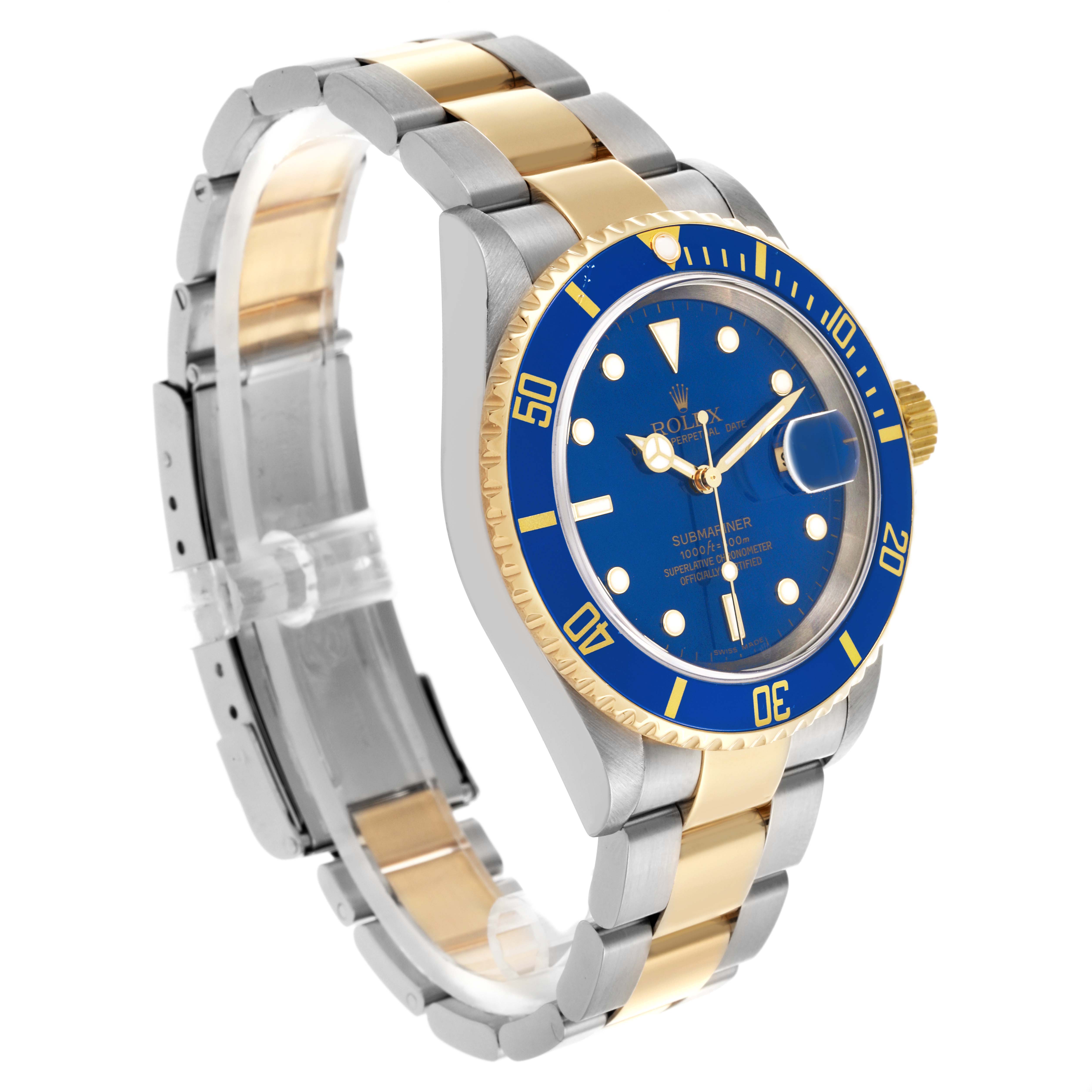 The Rolex Submariner 16613 Men's Steel and Gold (two tone) Blue Dial 16613 Men's Steel and Gold (two tone) Blue Dial watch is shown at a three-quarter angle, highlighting the blue dial, bezel, and two-tone bracelet.