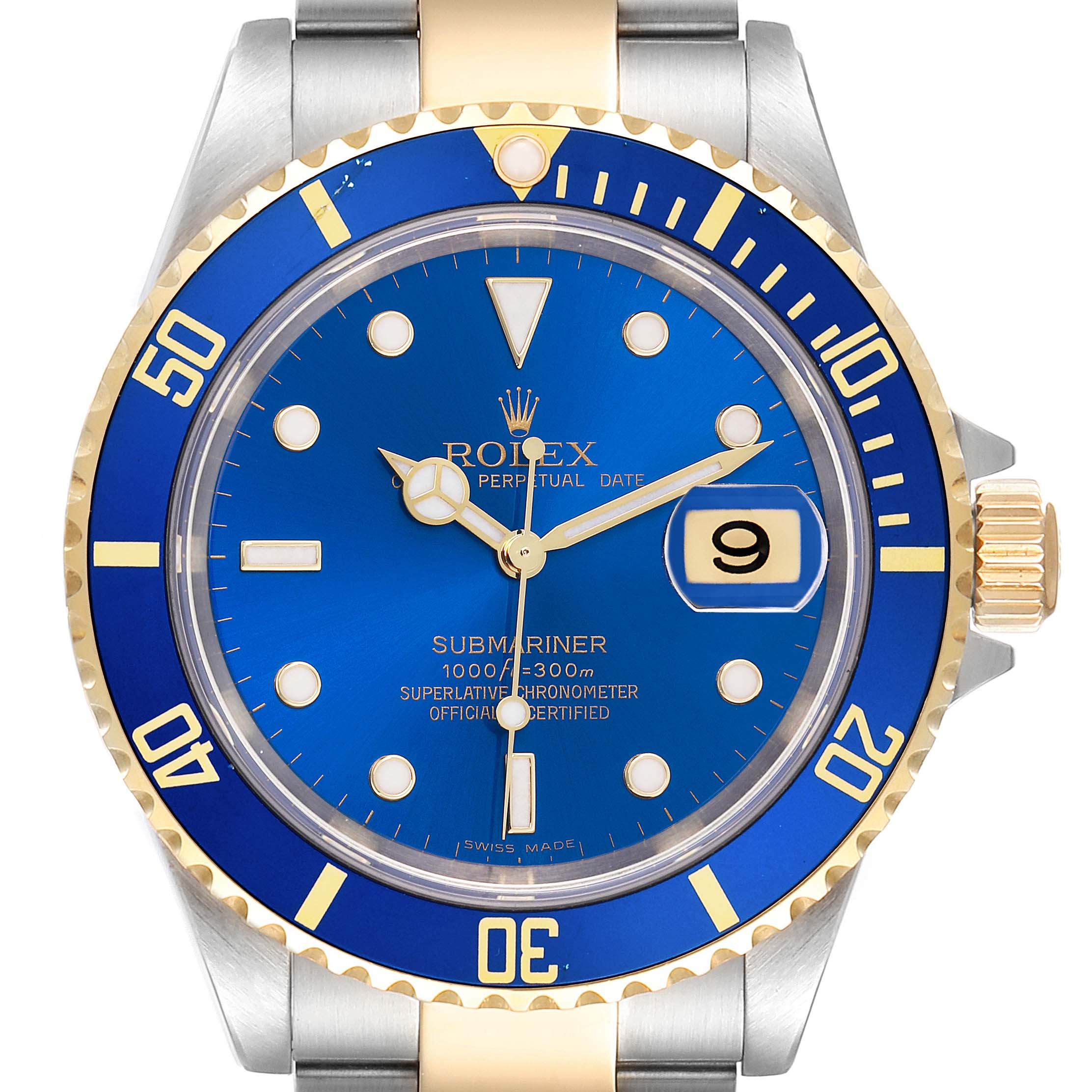 The Rolex Submariner 16613 Men's Steel and Gold (two tone) Blue Dial 16613 Men's Steel and Gold (two tone) Blue Dial is shown from the front, displaying the dial, bezel, crown, and part of the bracelet.