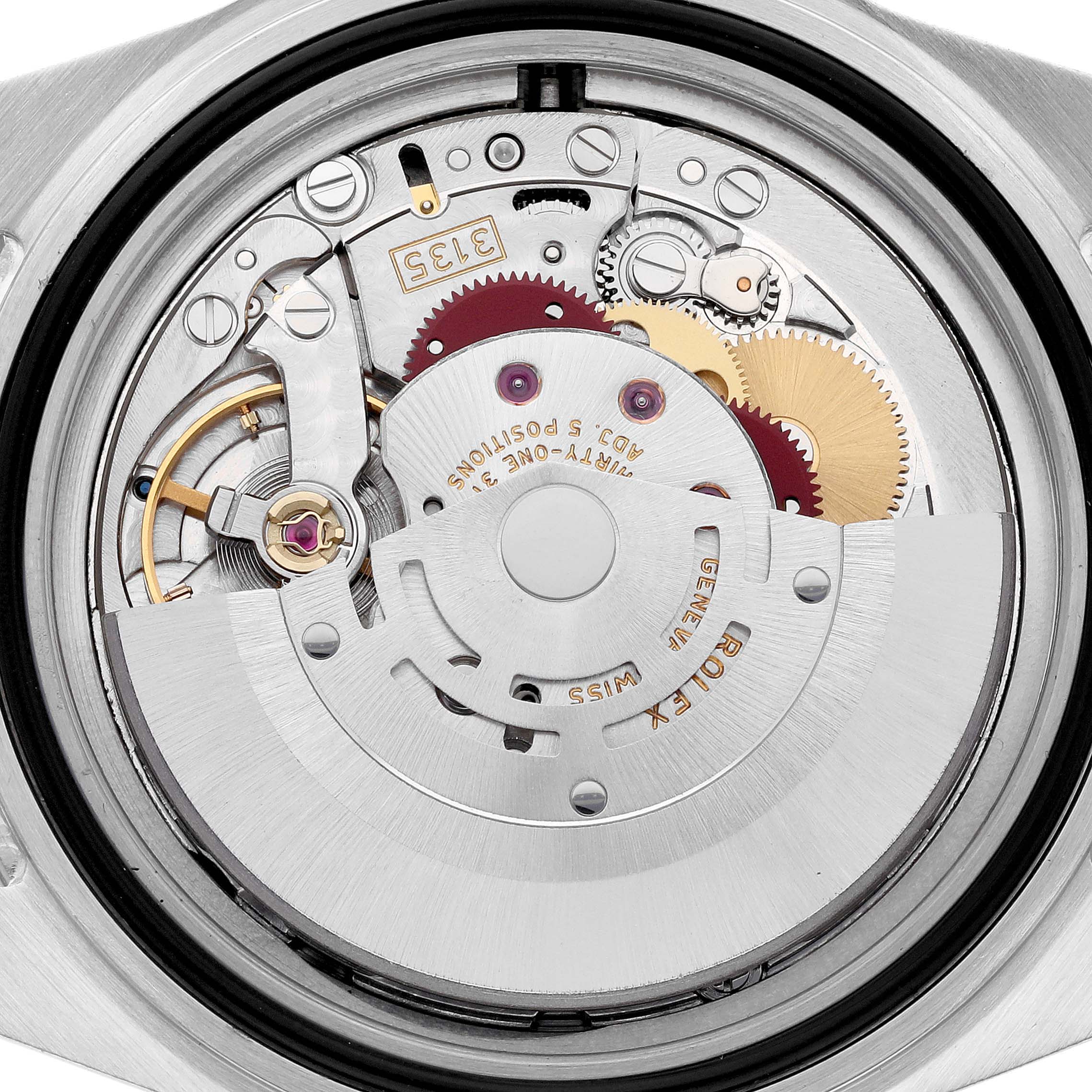 The image shows the internal mechanism of a Rolex Submariner 16613 Men's Steel and Gold (two tone) Blue Dial 16613 Men's Steel and Gold (two tone) Blue Dial watch viewed from the back, highlighting gears and movement components.
