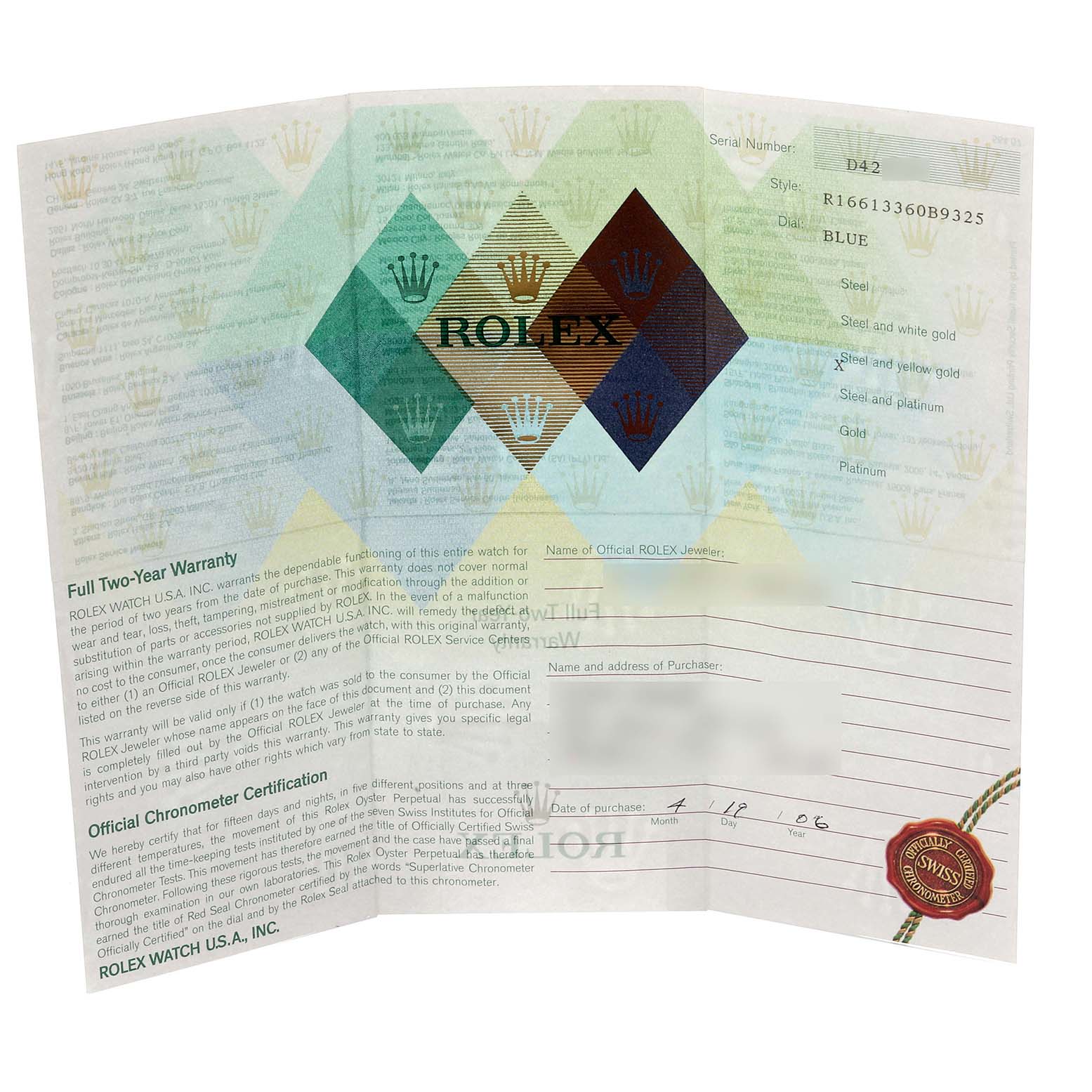 The image shows the warranty card and official documentation for a Rolex Submariner 16613 Men's Steel and Gold (two tone) Blue Dial 16613 Men's Steel and Gold (two tone) Blue Dial watch, detailing ownership and authenticity.