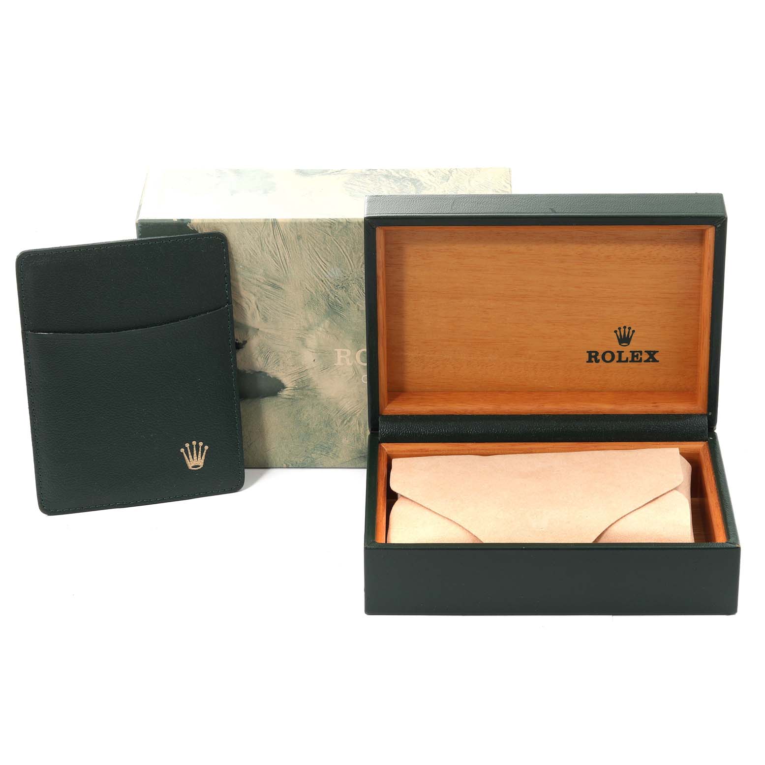 This image shows the packaging accessories for a Rolex Submariner 16610 Men's Stainless Steel Black Dial 16610 Men's Stainless Steel Black Dial, including a box, pouch, and outer carton, viewed from the front.