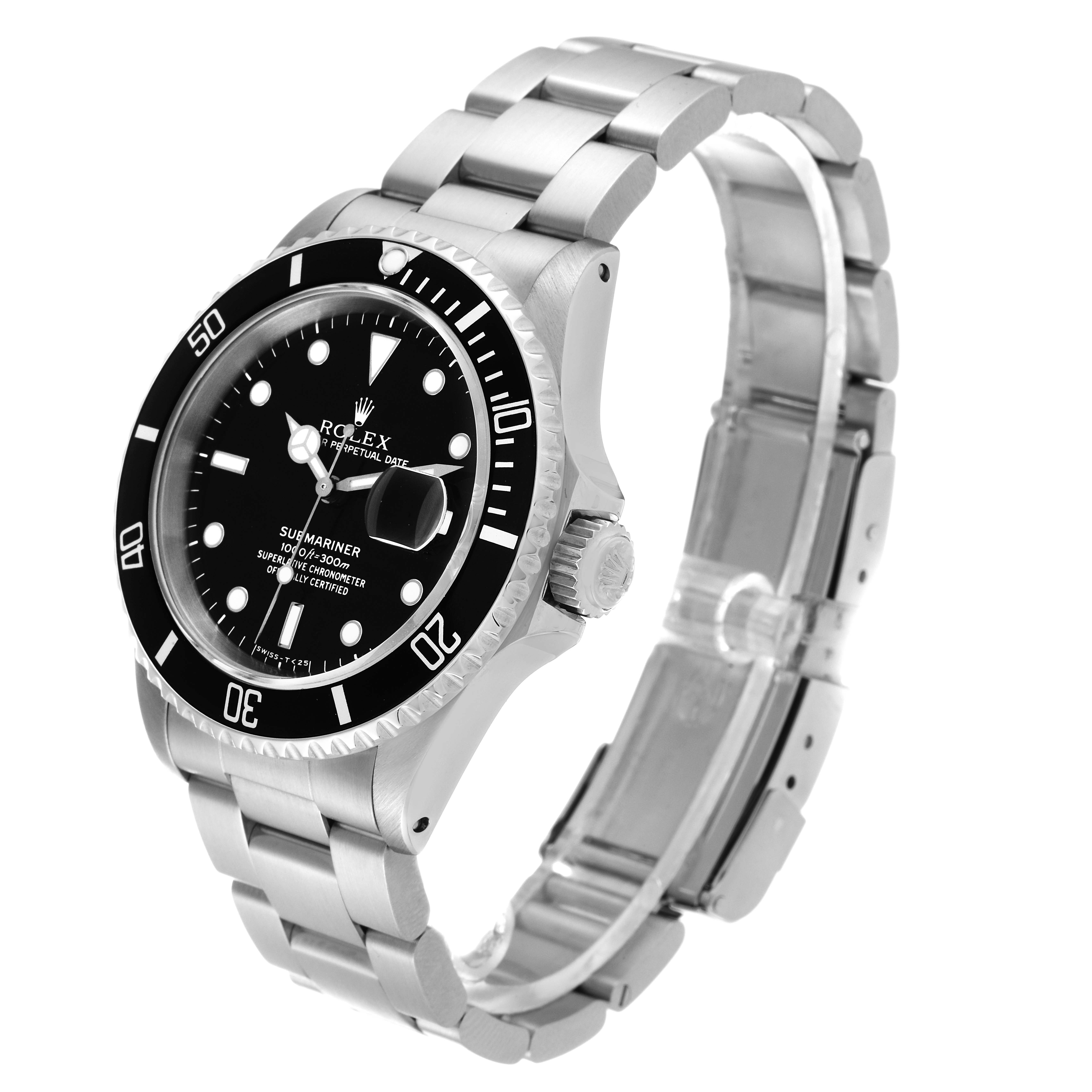 The Rolex Submariner 16610 Men's Stainless Steel Black Dial 16610 Men's Stainless Steel Black Dial watch is shown at a tilted angle, displaying the dial, bezel, and bracelet.