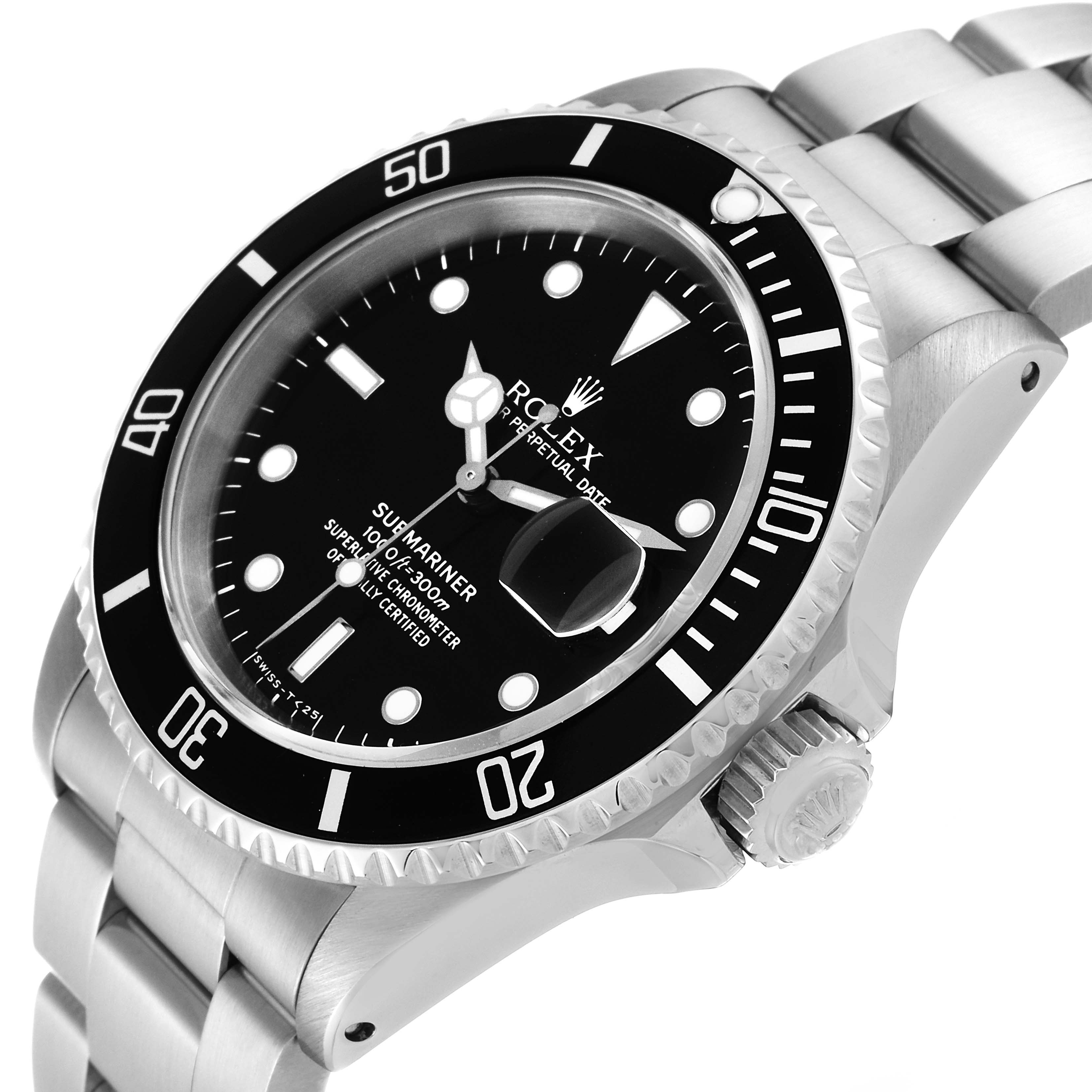 The image shows a side-angle view of the Rolex Submariner 16610 Men's Stainless Steel Black Dial 16610 Men's Stainless Steel Black Dial watch, including the dial, bezel, case, crown, and bracelet.