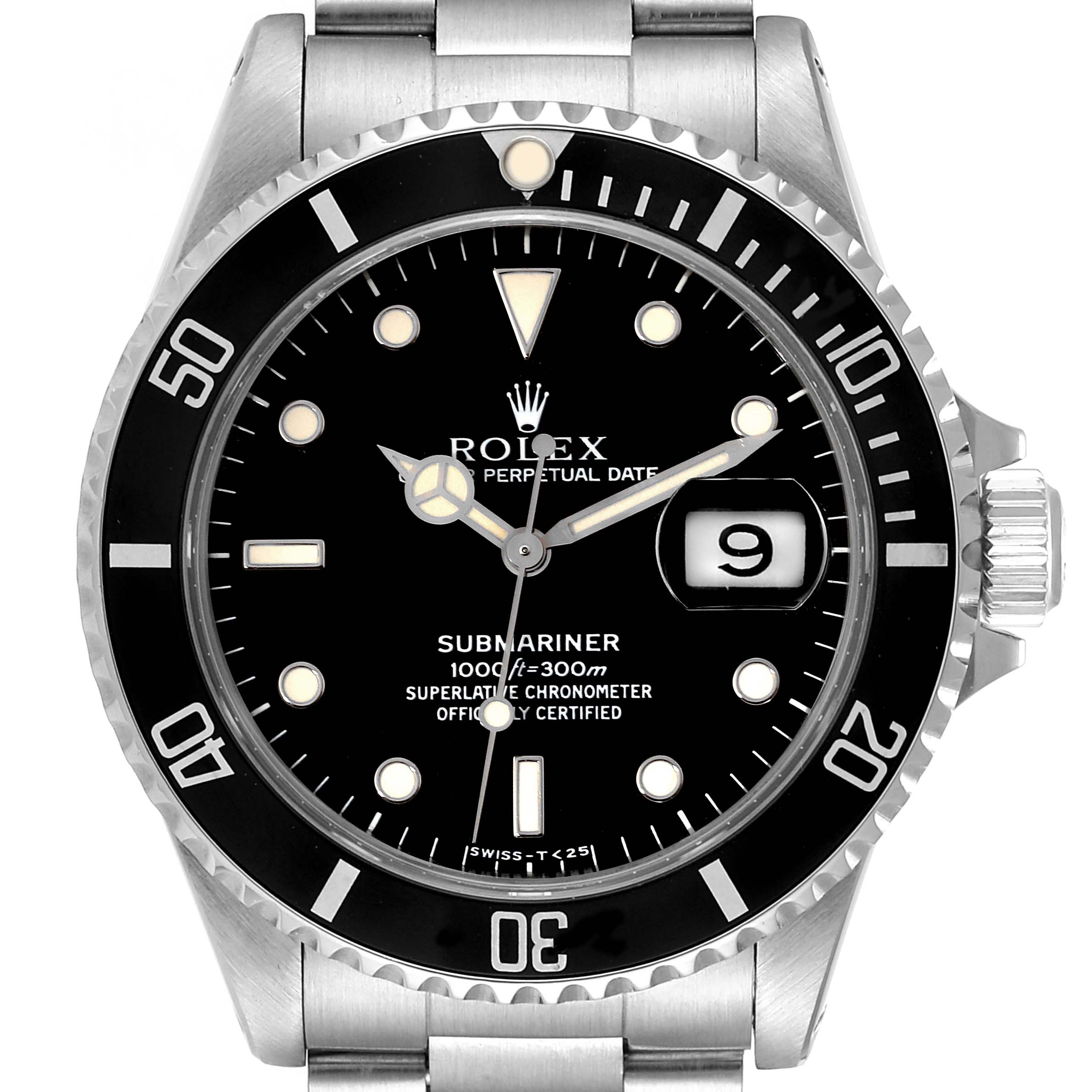 The image shows a frontal view of the Rolex Submariner 16610 Men's Stainless Steel Black Dial 16610 Men's Stainless Steel Black Dial watch, highlighting its bezel, dial, hands, and date window.