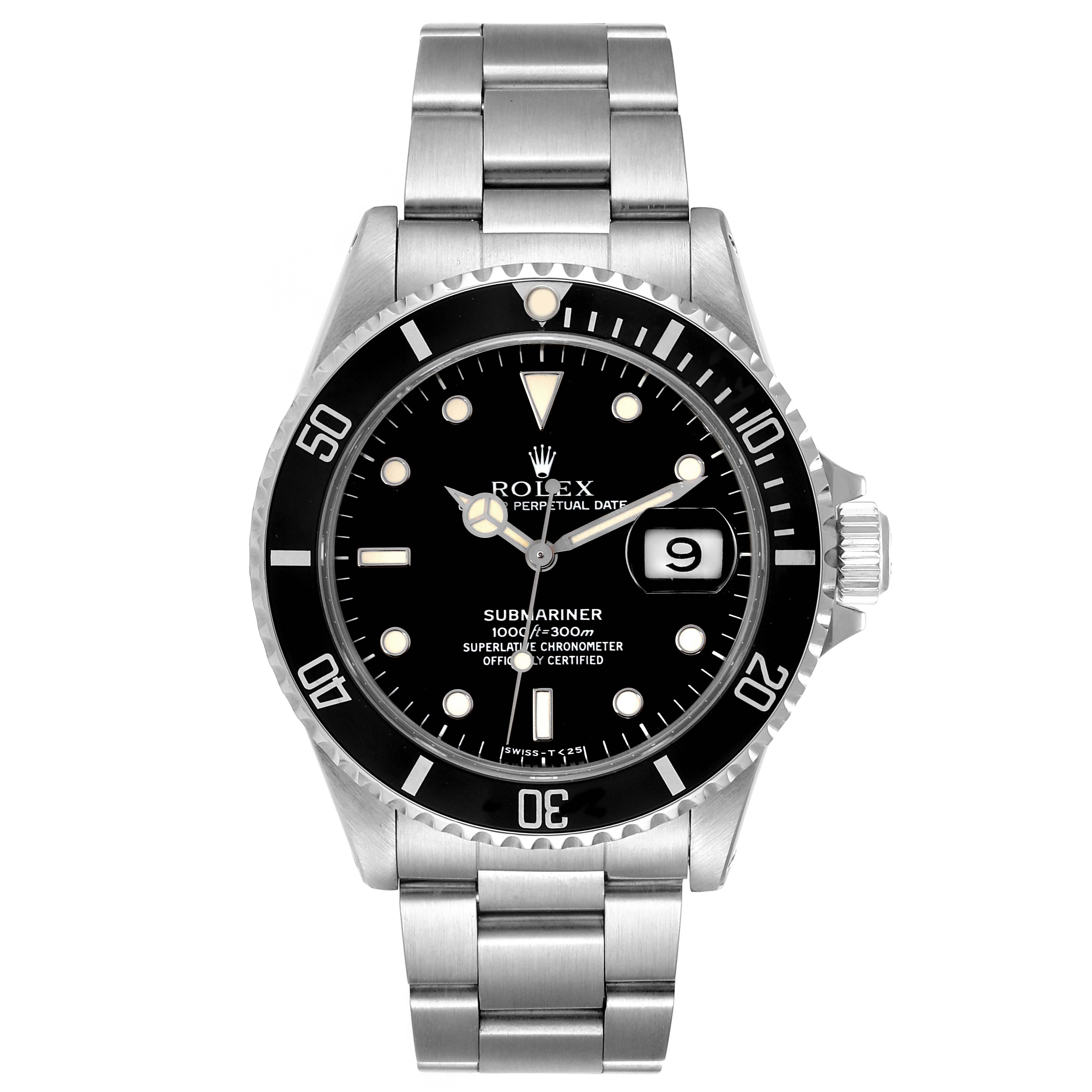 This image shows a front view of the Rolex Submariner 16610 Men's Stainless Steel Black Dial 16610 Men's Stainless Steel Black Dial watch, displaying the bezel, dial, hands, and bracelet.