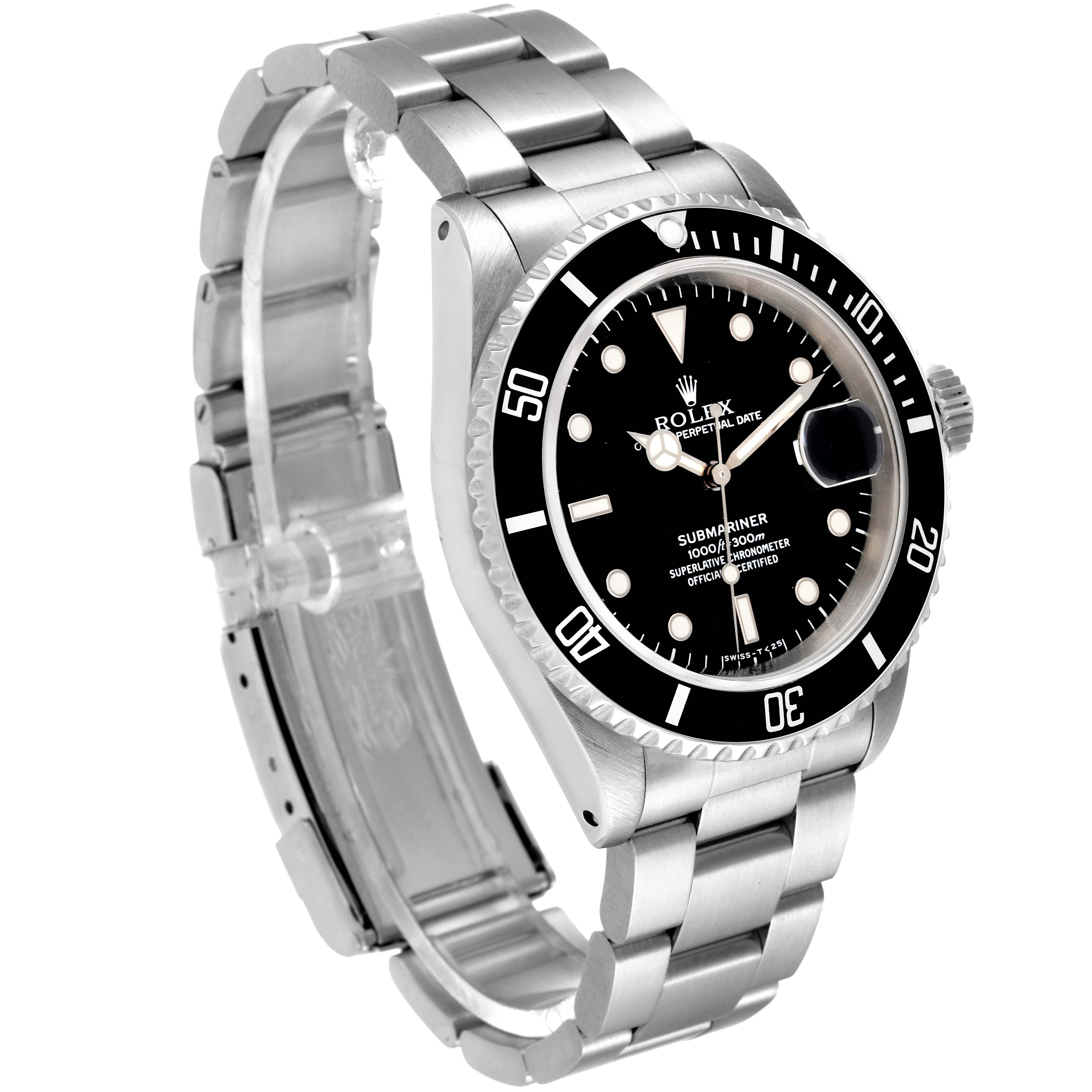 The image shows a side and front view of a Rolex Submariner 16610 Men's Stainless Steel Black Dial 16610 Men's Stainless Steel Black Dial watch, highlighting its black dial and stainless steel bracelet.
