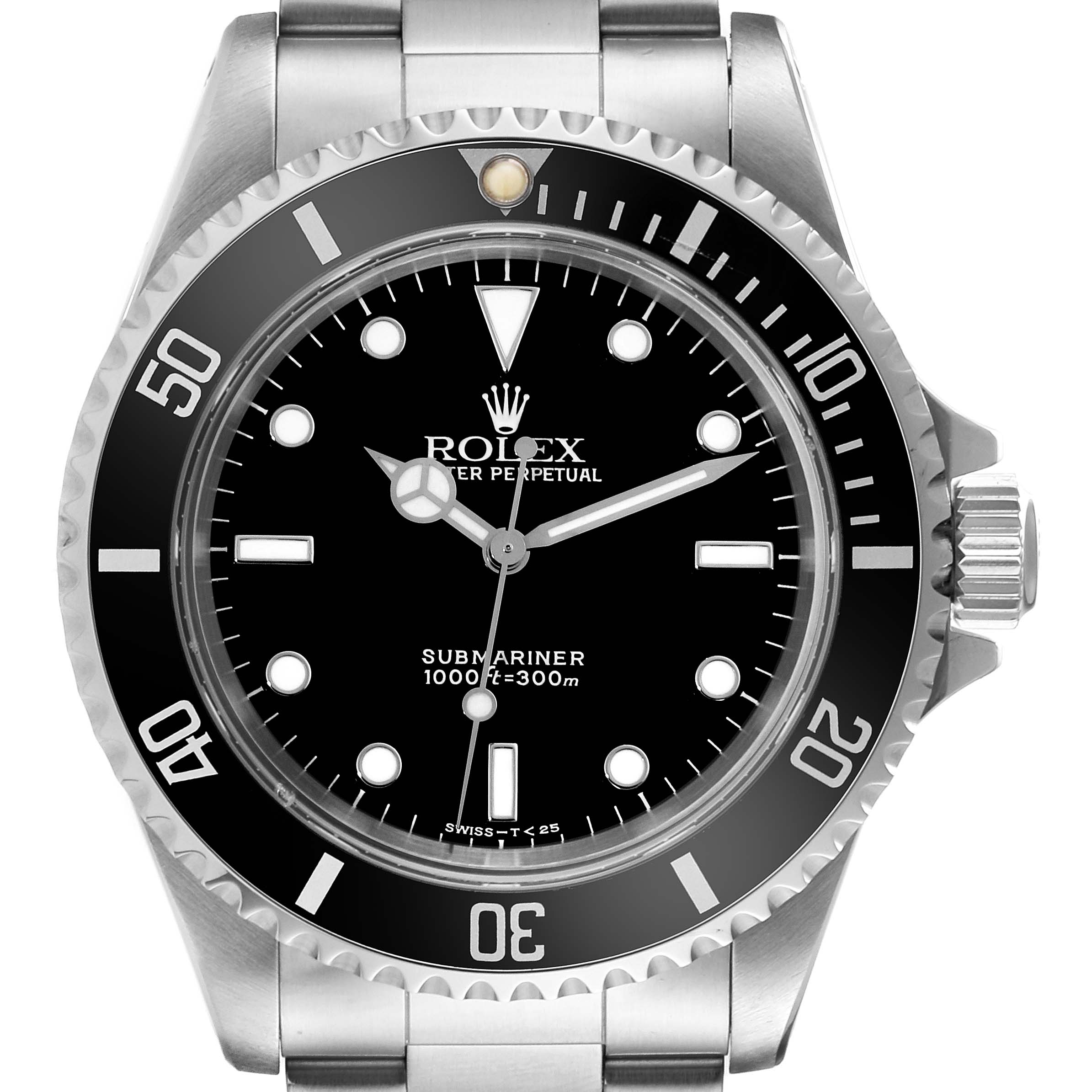 The image shows a front view of the Rolex Submariner 14060 Men
s Stainless Steel Black Dial 14060 Men
s Stainless Steel Black Dial watch, highlighting its dial, bezel, and crown.