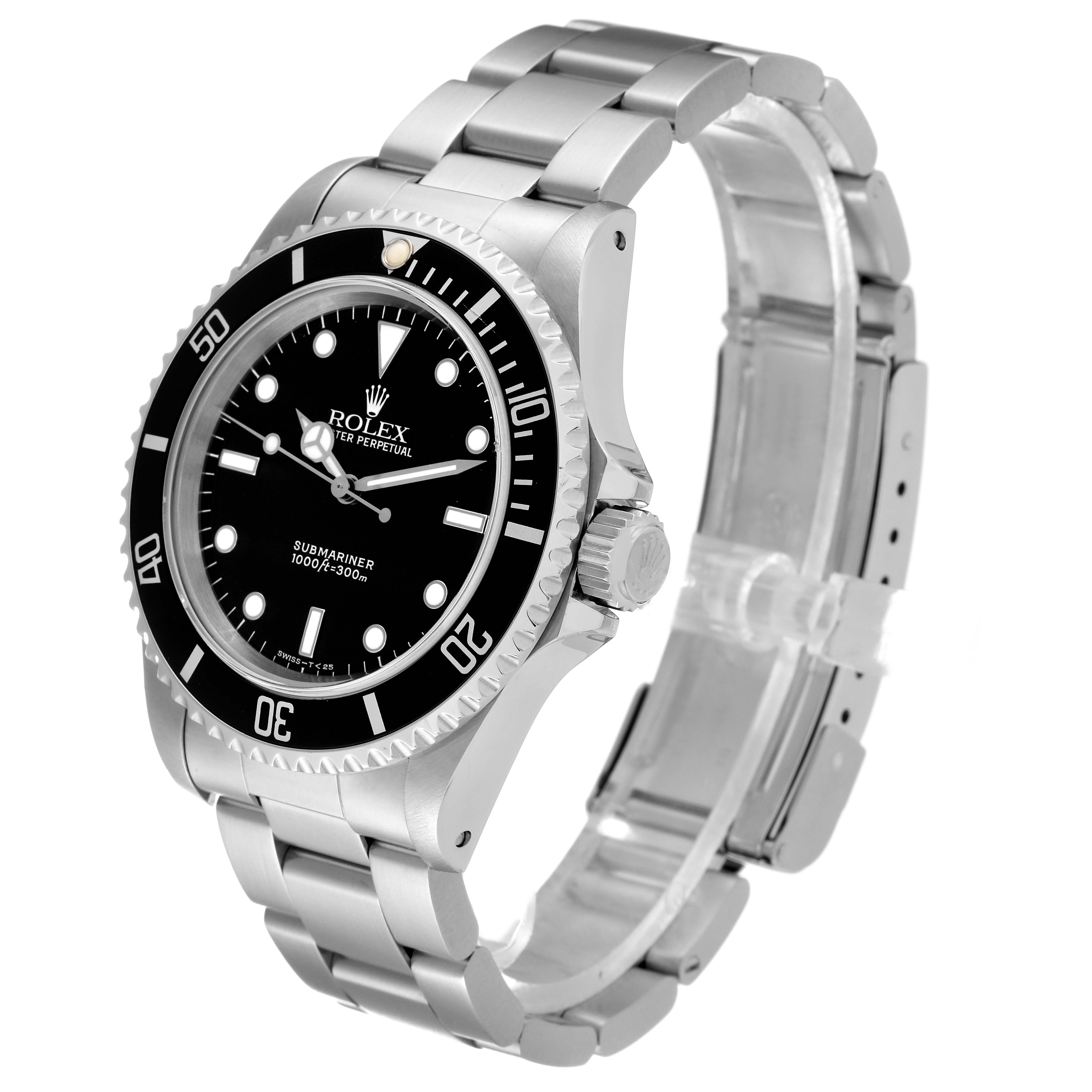 The Rolex Submariner 14060 Men
s Stainless Steel Black Dial 14060 Men
s Stainless Steel Black Dial watch is shown at a three-quarter angle with the front, bezel, and bracelet visible.