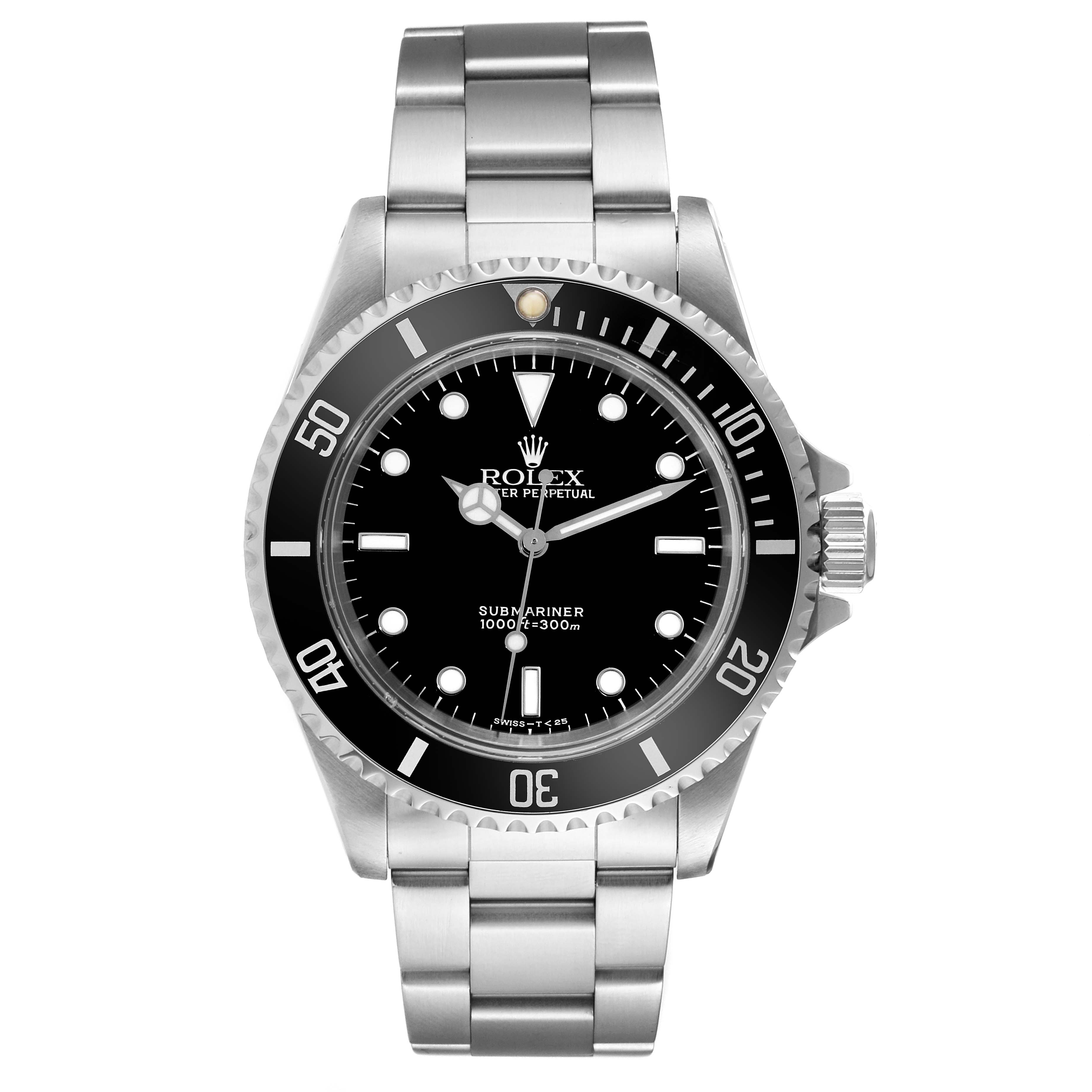 This image shows a full, front-facing view of the Rolex Submariner 14060 Men
s Stainless Steel Black Dial 14060 Men
s Stainless Steel Black Dial watch, including the bracelet and dial.