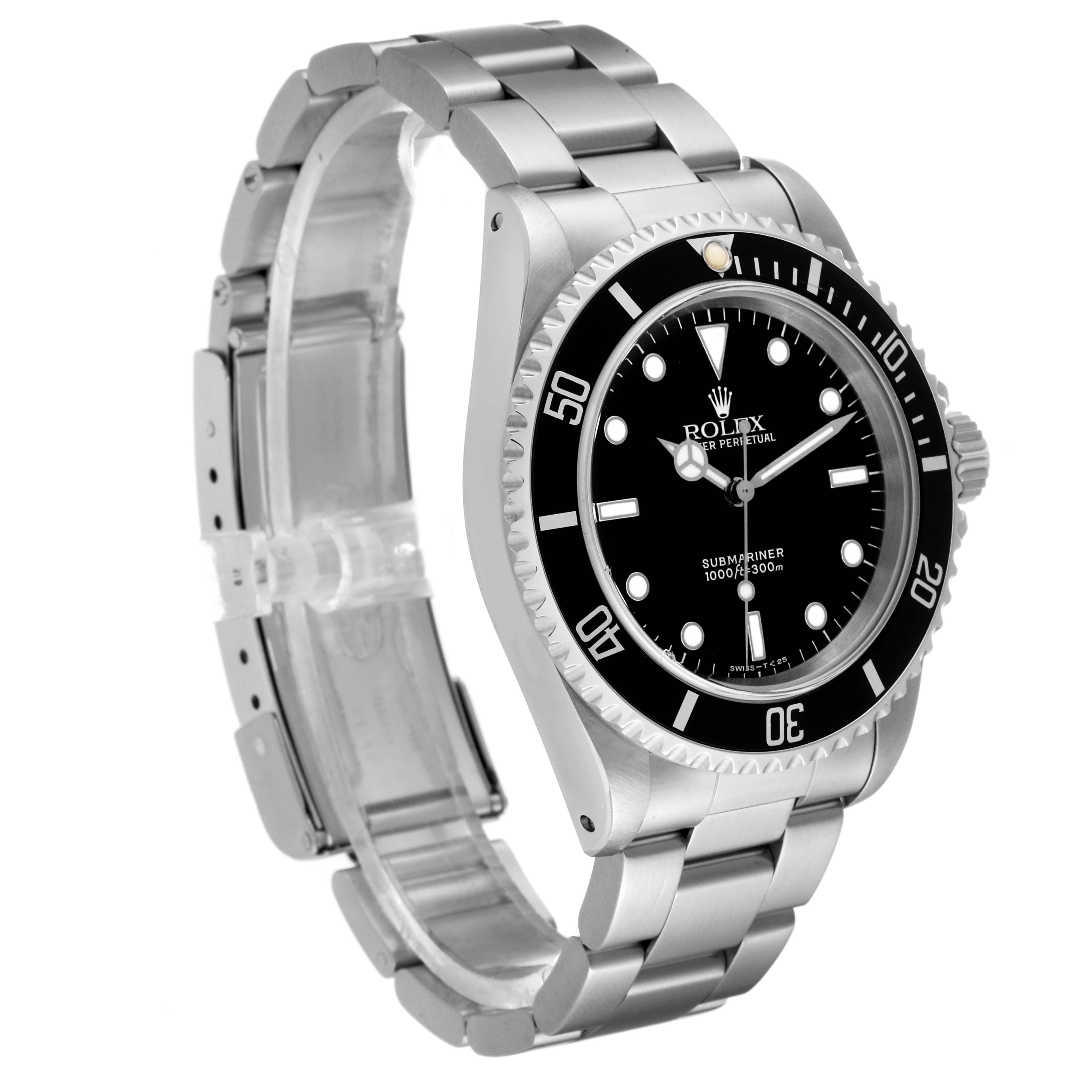 The Rolex Submariner 14060 Men
s Stainless Steel Black Dial 14060 Men
s Stainless Steel Black Dial is shown at a 3/4 angle, highlighting the black dial, bezel, and stainless steel bracelet.