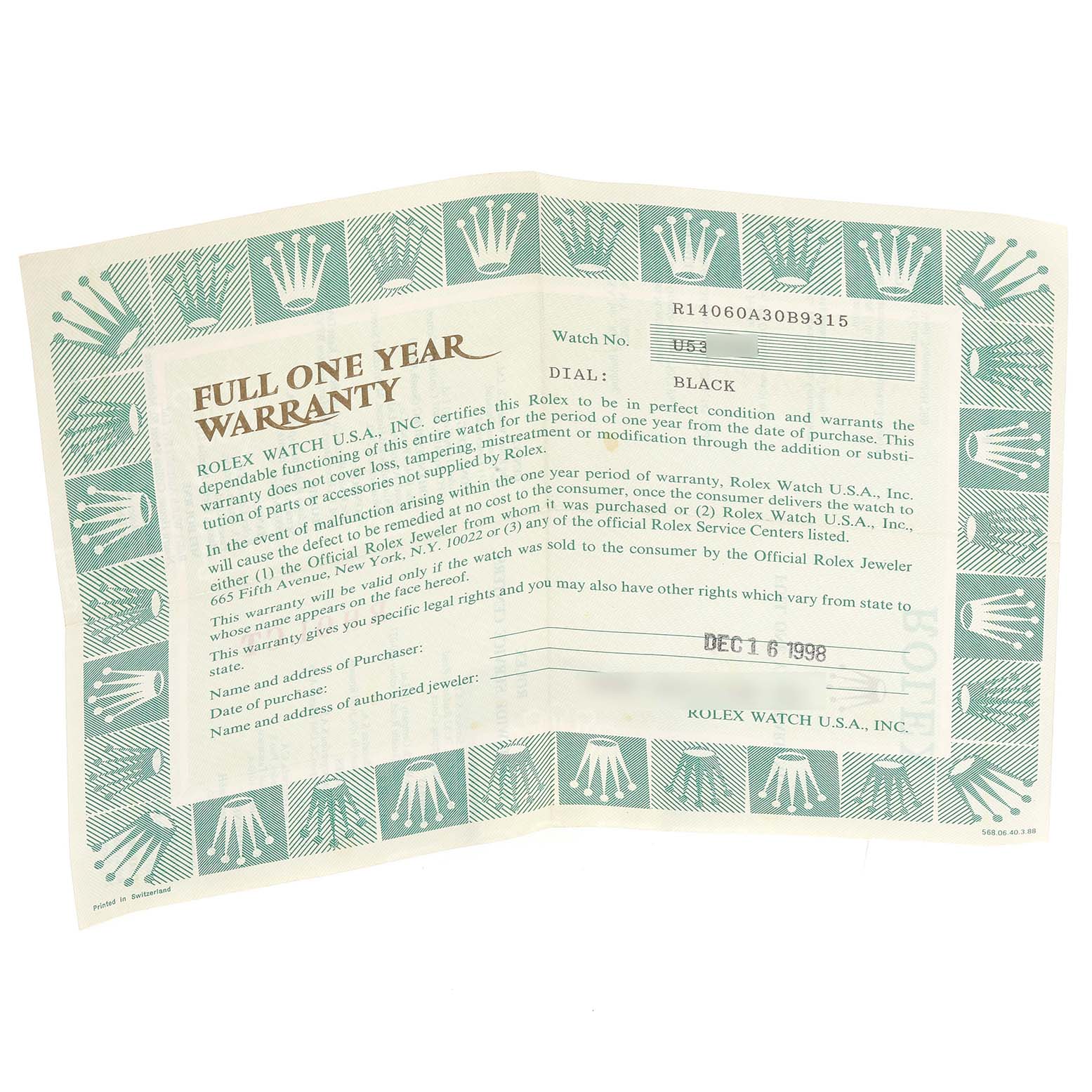 The image shows a full one-year warranty card for the Rolex Submariner 14060 Men
s Stainless Steel Black Dial 14060 Men
s Stainless Steel Black Dial model.