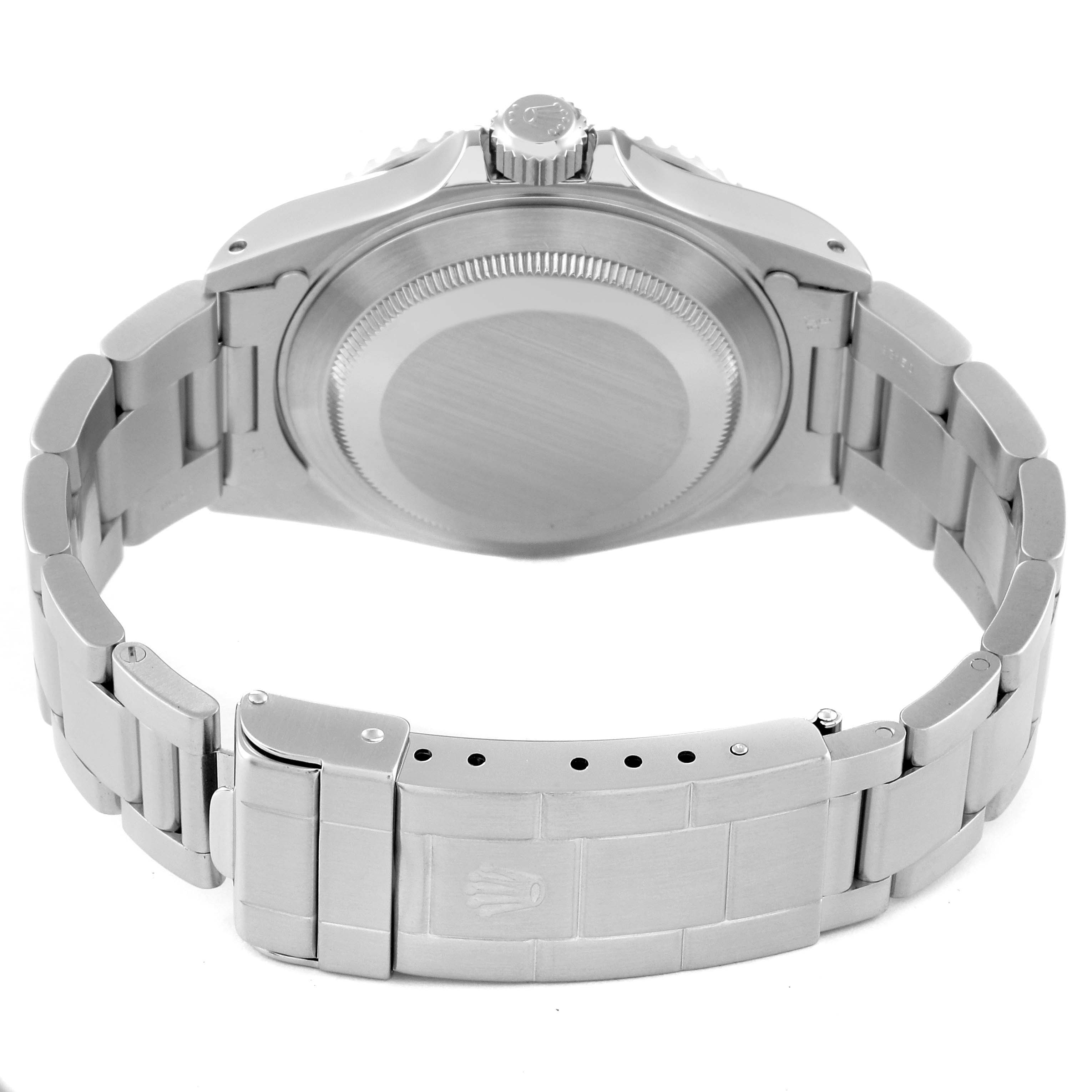 This image shows the back casing, bracelet, and clasp of a Rolex Submariner 14060 Men
s Stainless Steel Black Dial 14060 Men
s Stainless Steel Black Dial watch from a rear angle.