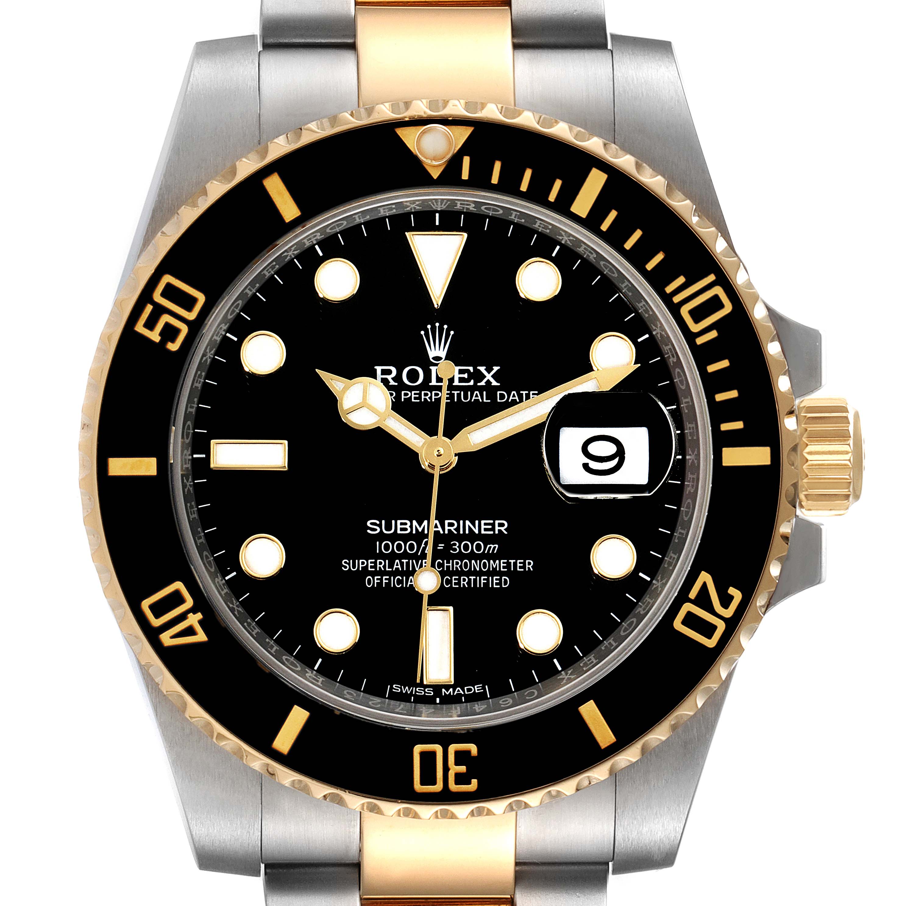 This image shows a front view of the Rolex Submariner 116613 Men's Steel and Gold (two tone) Black Dial 116613 Men's Steel and Gold (two tone) Black Dial watch, highlighting its black dial, gold accents, and bezel.