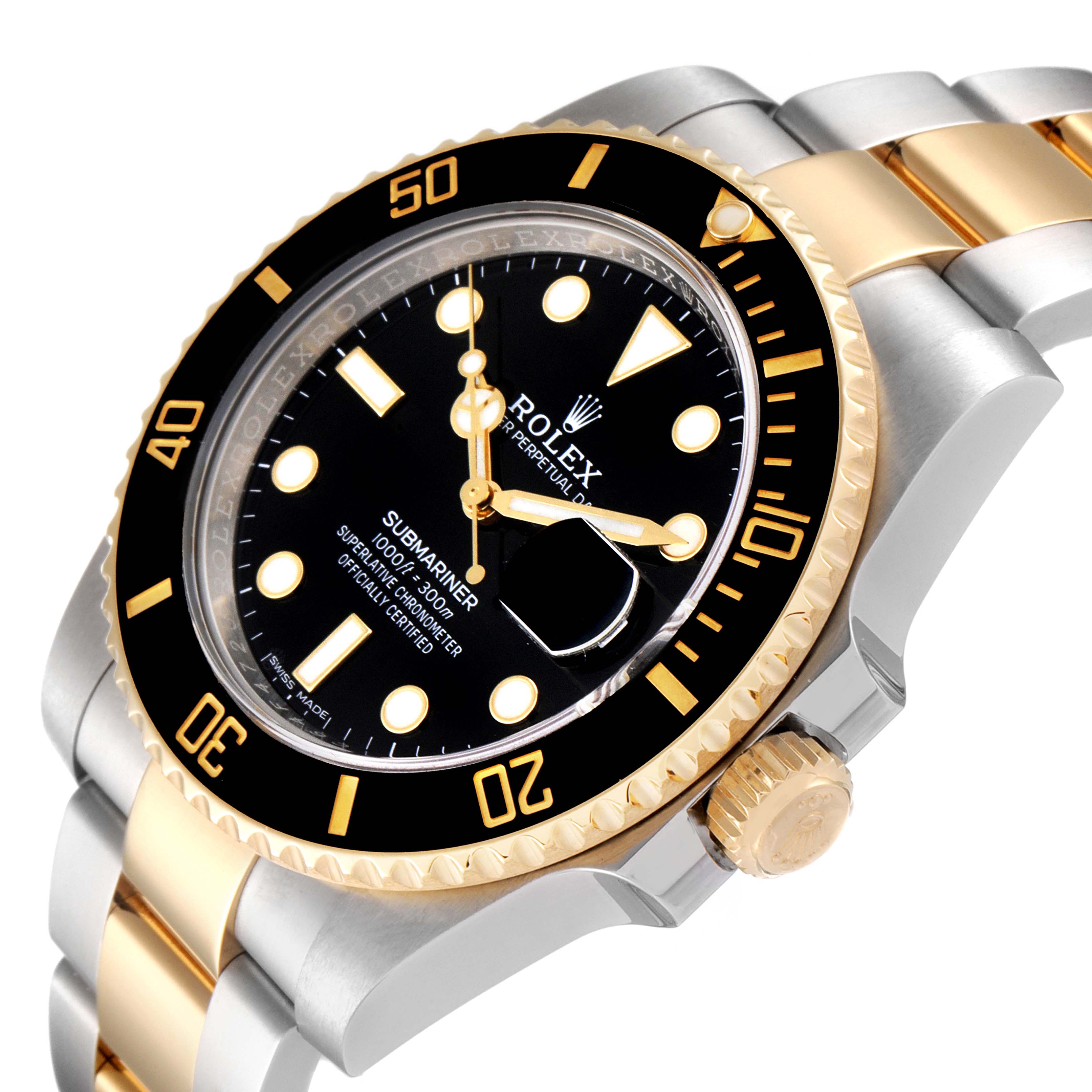 An angled view of a Rolex Submariner 116613 Men's Steel and Gold (two tone) Black Dial 116613 Men's Steel and Gold (two tone) Black Dial watch showing the face, bezel, crown, and parts of the two-tone bracelet.