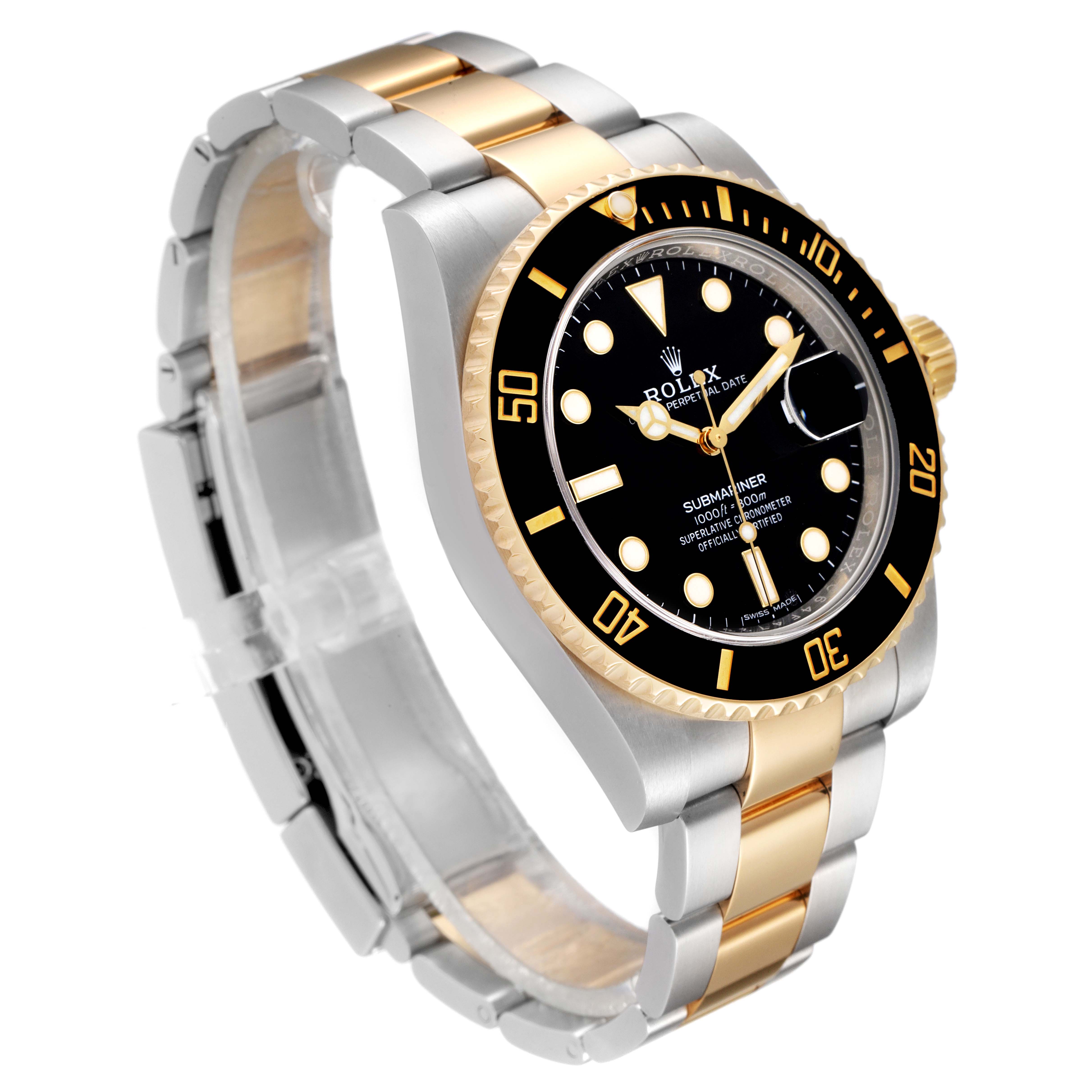 This image shows a side view of a Rolex Submariner 116613 Men's Steel and Gold (two tone) Black Dial 116613 Men's Steel and Gold (two tone) Black Dial watch featuring a two-tone (gold and silver) bracelet and a black dial.