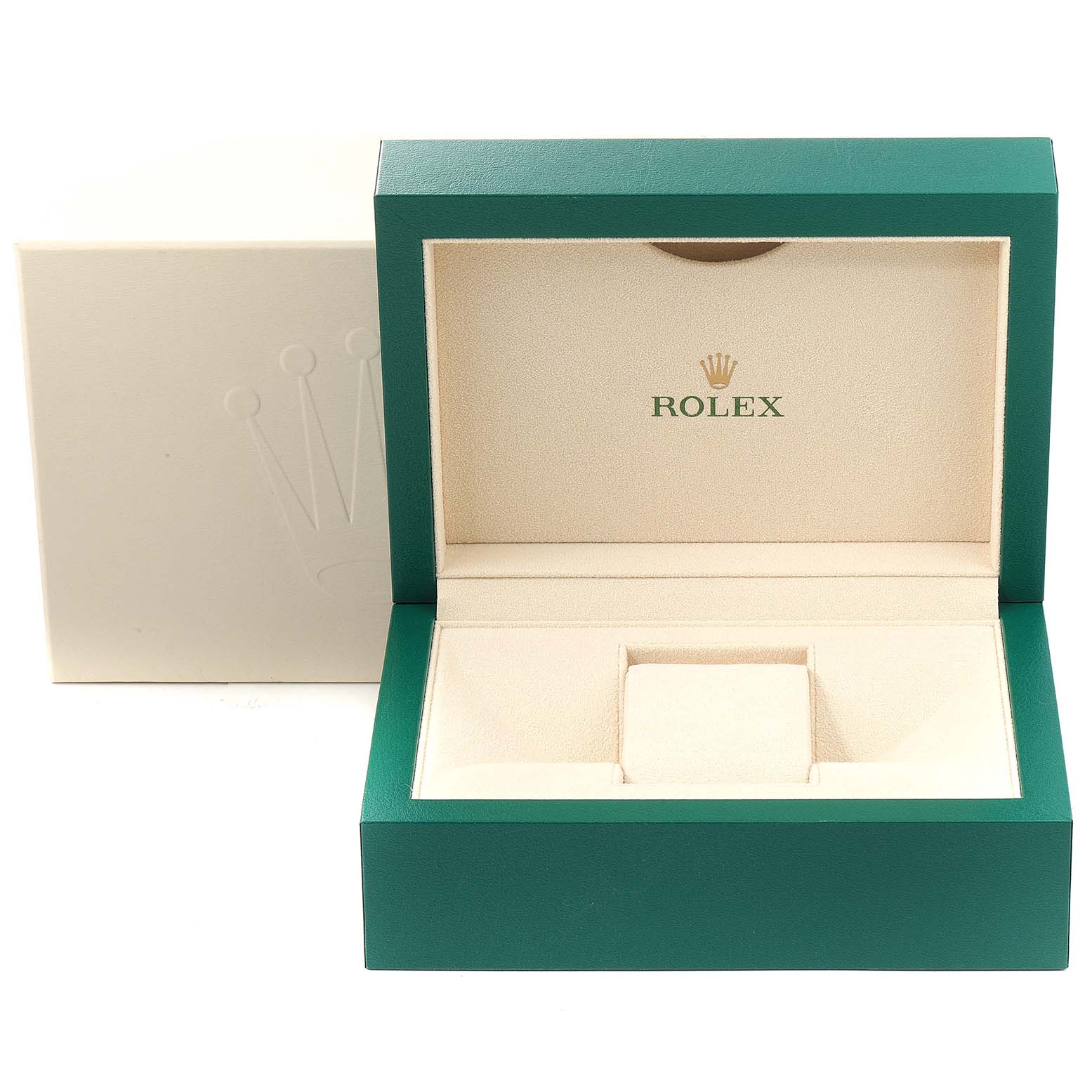The image shows an open Rolex watch box for the Submariner model, with the lid and interior lining visible.