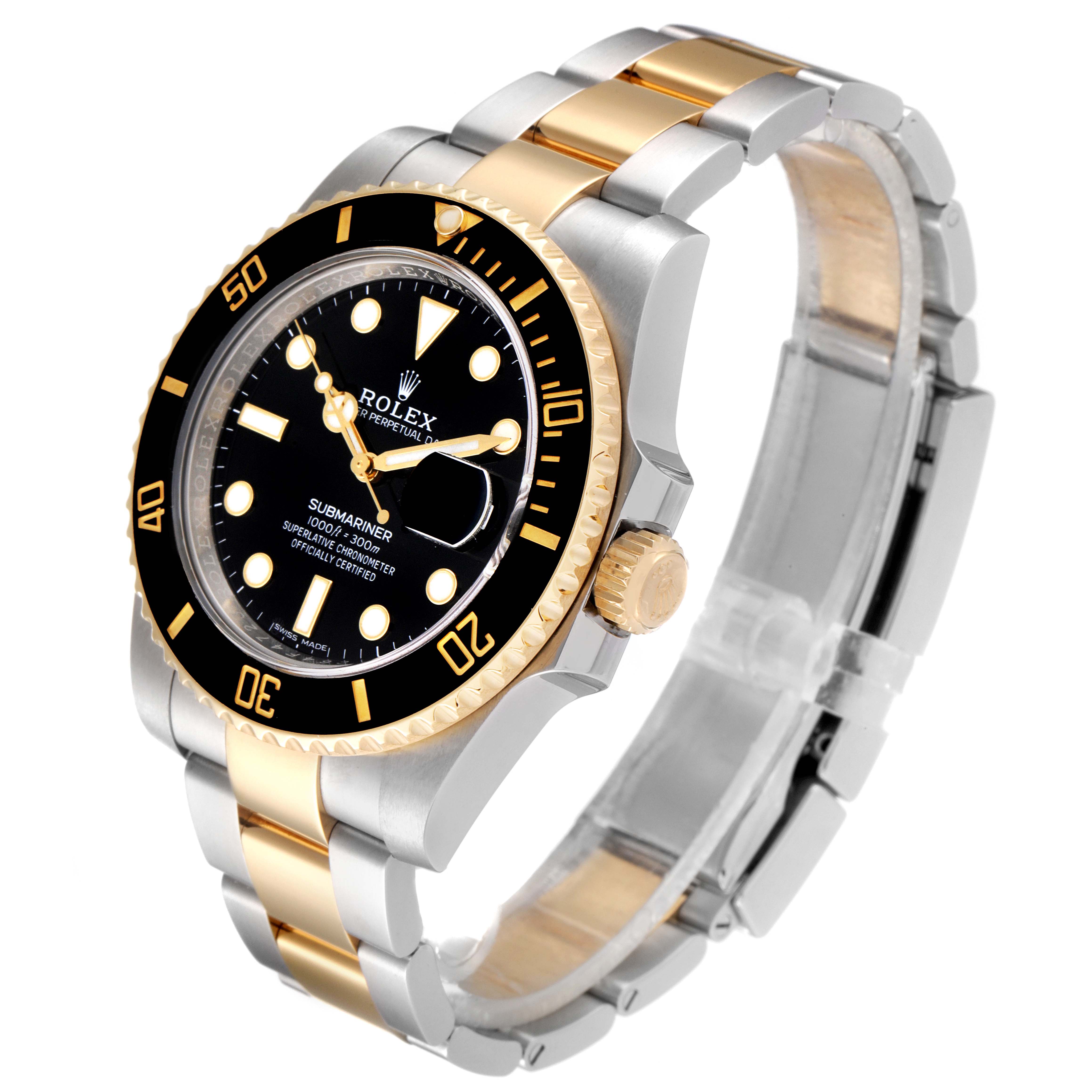 The image shows a Rolex Submariner 116613 Men's Steel and Gold (two tone) Black Dial 116613 Men's Steel and Gold (two tone) Black Dial watch at a three-quarter angle, highlighting the black dial, gold bezel, and two-tone gold and silver bracelet.