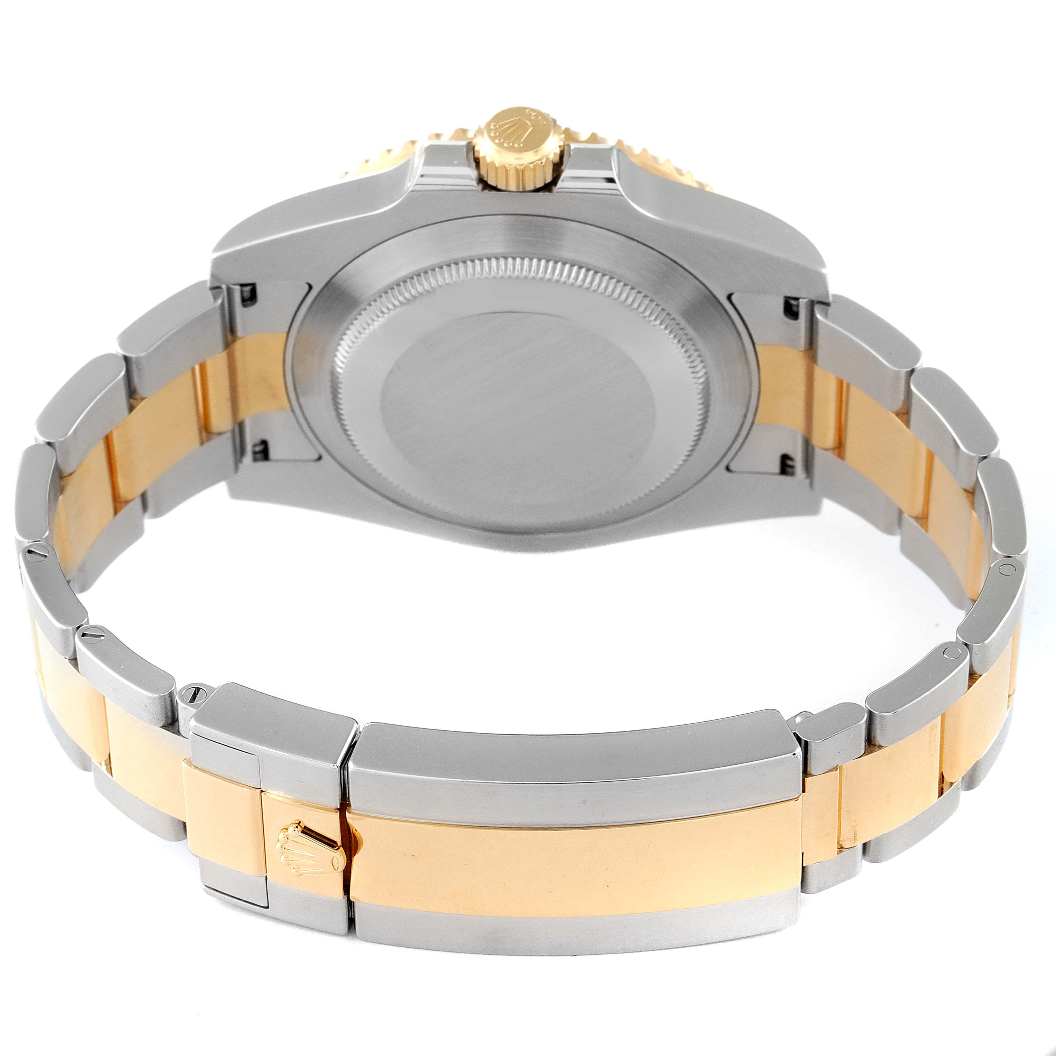 This image displays the back view of a Rolex Submariner 116613 Men's Steel and Gold (two tone) Black Dial 116613 Men's Steel and Gold (two tone) Black Dial watch, highlighting its case back and two-tone bracelet.