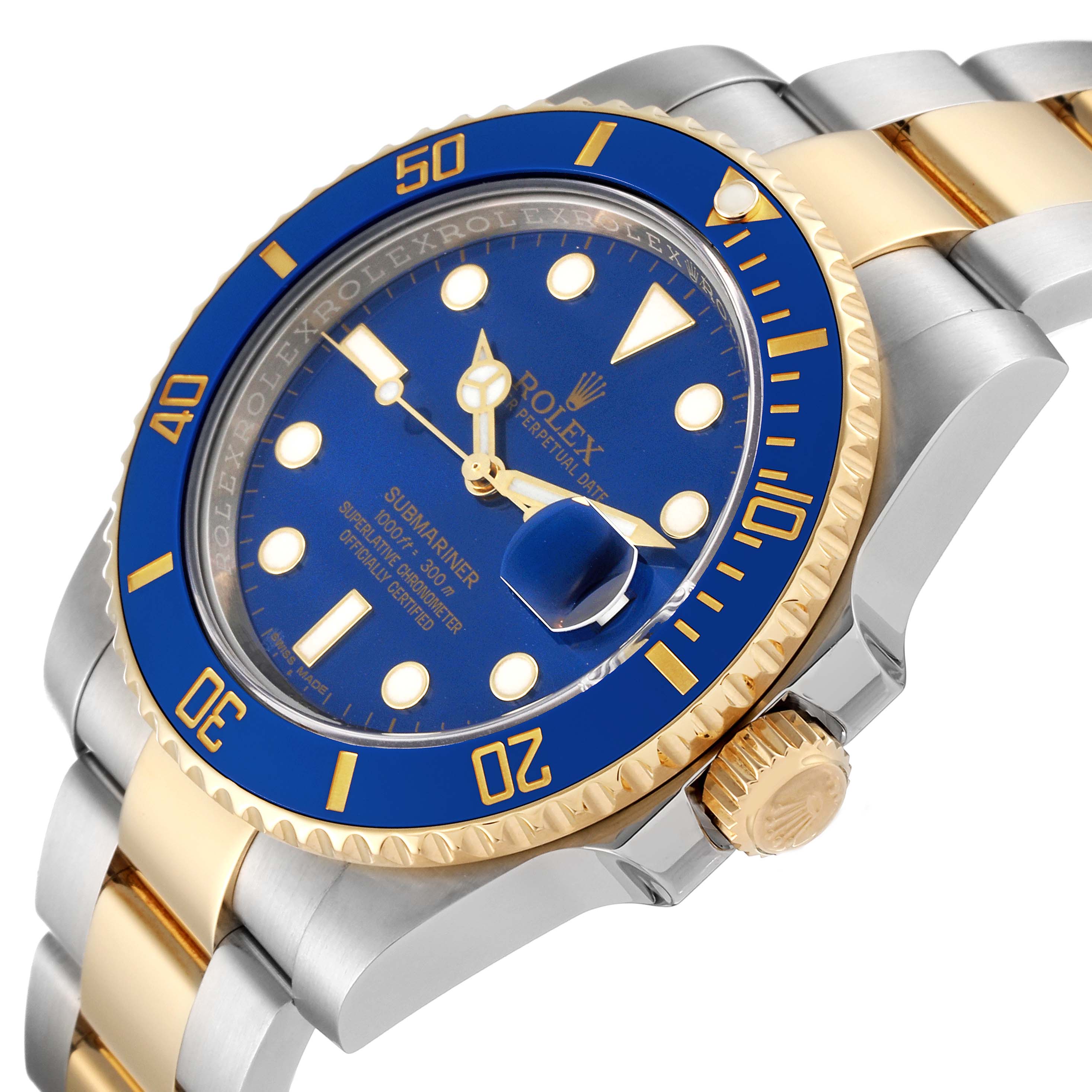 The image shows a Rolex Submariner 116613 Men
s Steel and Gold (two tone) Blue Dial 116613 Men
s Steel and Gold (two tone) Blue Dial watch at an angle, highlighting the blue dial, blue bezel, gold accents, and bracelet.