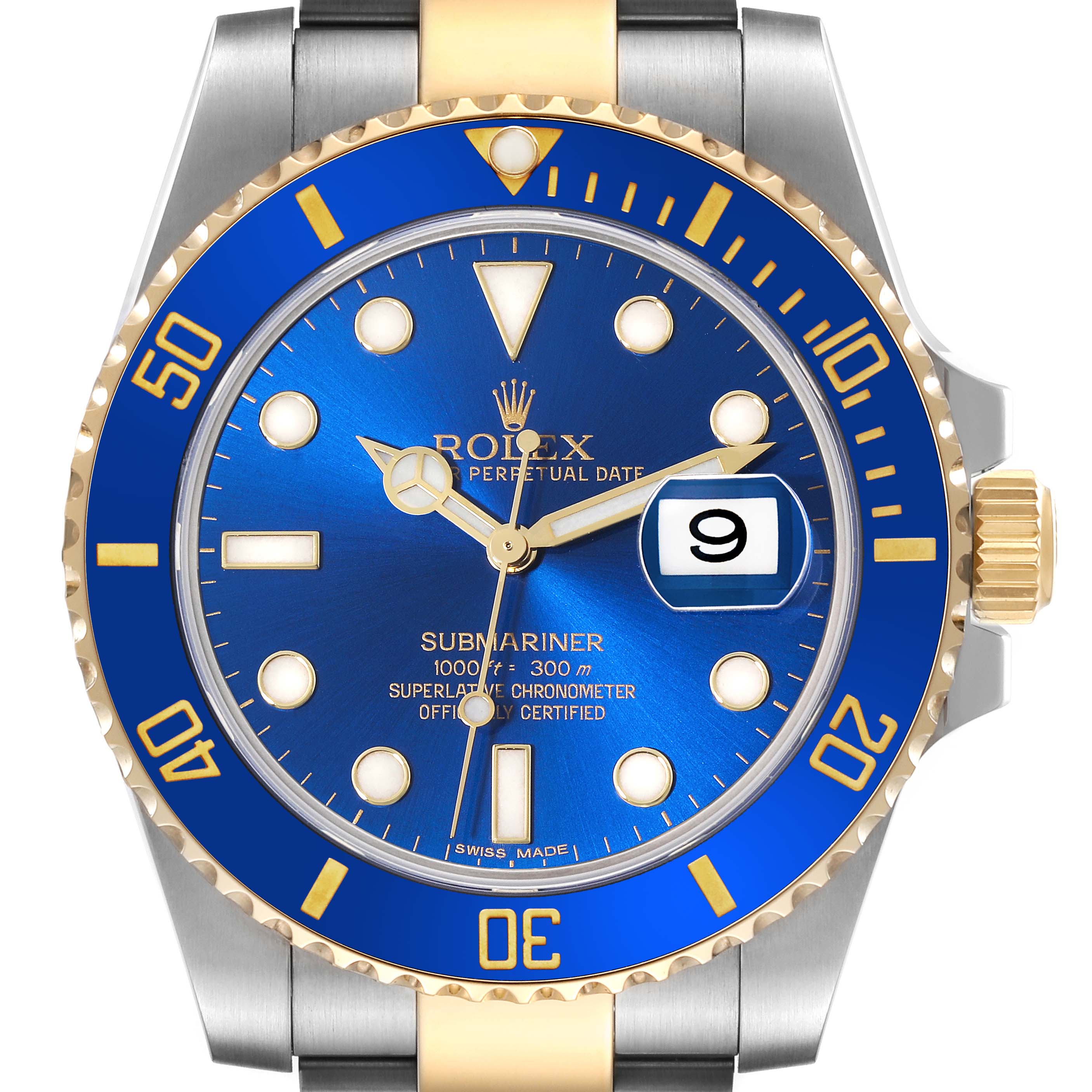 The image shows a front view of the Rolex Submariner 116613 Men
s Steel and Gold (two tone) Blue Dial 116613 Men
s Steel and Gold (two tone) Blue Dial watch with a blue dial, gold accents, and a date display.