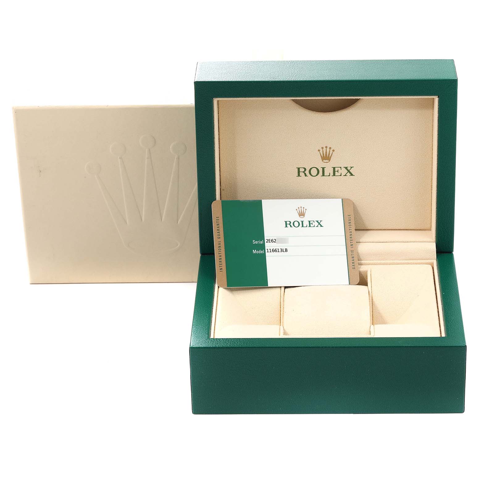 The image shows the open packaging box and card for the Rolex Submariner 116613 Men
s Steel and Gold (two tone) Blue Dial 116613 Men
s Steel and Gold (two tone) Blue Dial model.