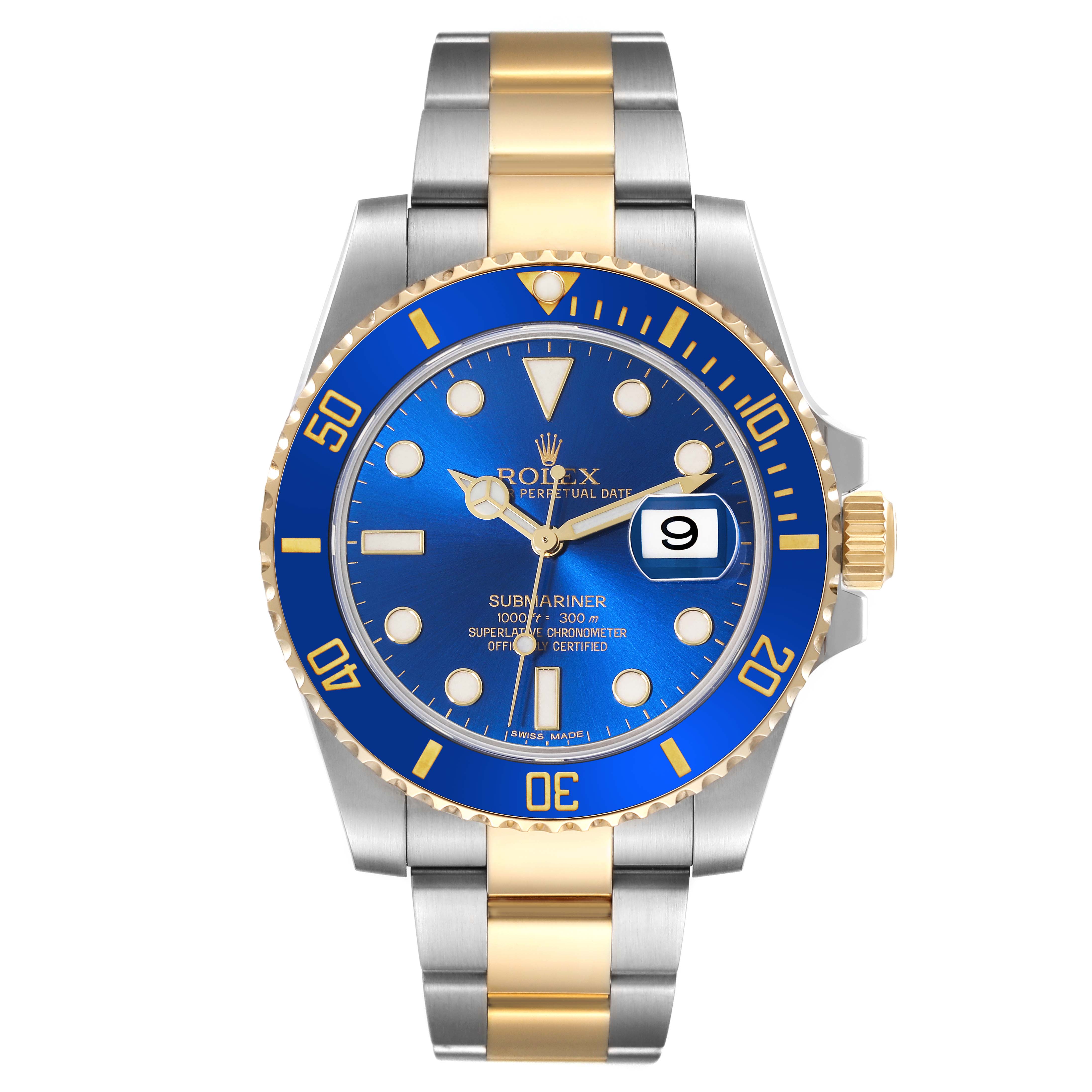 This image shows a frontal view of a Rolex Submariner 116613 Men
s Steel and Gold (two tone) Blue Dial 116613 Men
s Steel and Gold (two tone) Blue Dial watch with a blue dial and two-tone bracelet.