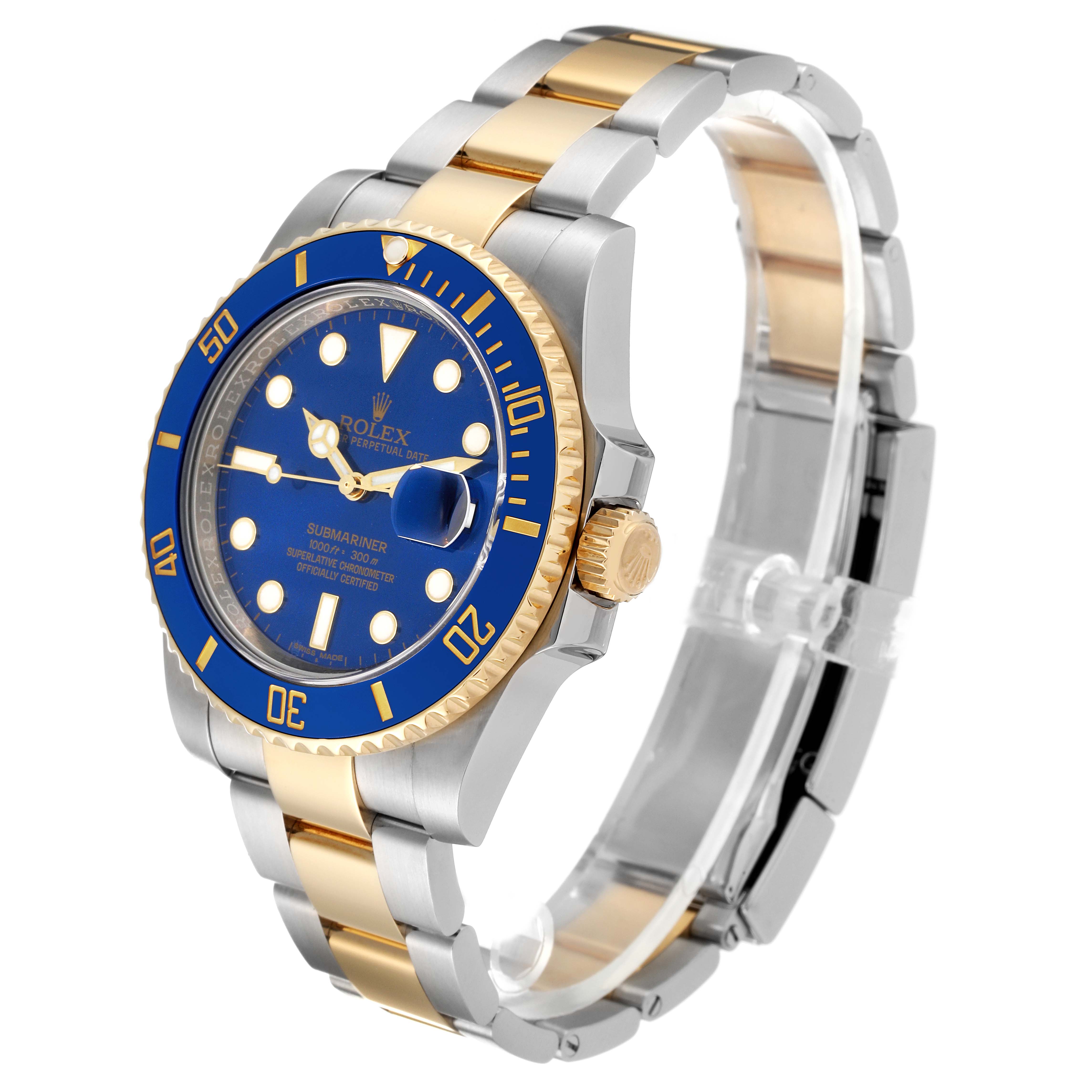 The image shows a Rolex Submariner 116613 Men
s Steel and Gold (two tone) Blue Dial 116613 Men
s Steel and Gold (two tone) Blue Dial watch at a three-quarter angle, displaying the blue dial, bezel, and two-tone bracelet.
