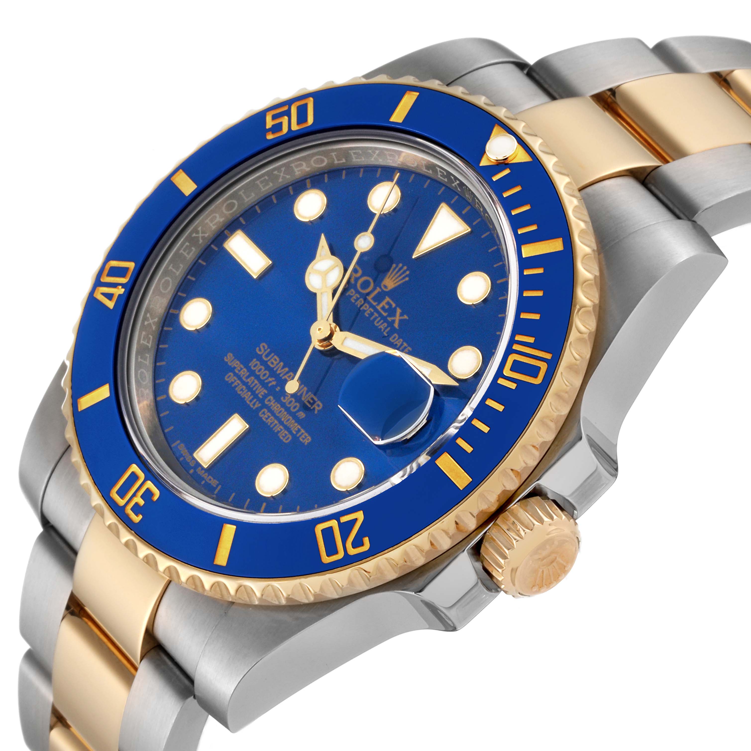 The image shows an angled view of the Rolex Submariner 116613LB Men
s Steel and Gold (two tone) Blue Dial 116613LB Men
s Steel and Gold (two tone) Blue Dial, highlighting its blue dial, bezel, and two-tone stainless steel and gold bracelet.
