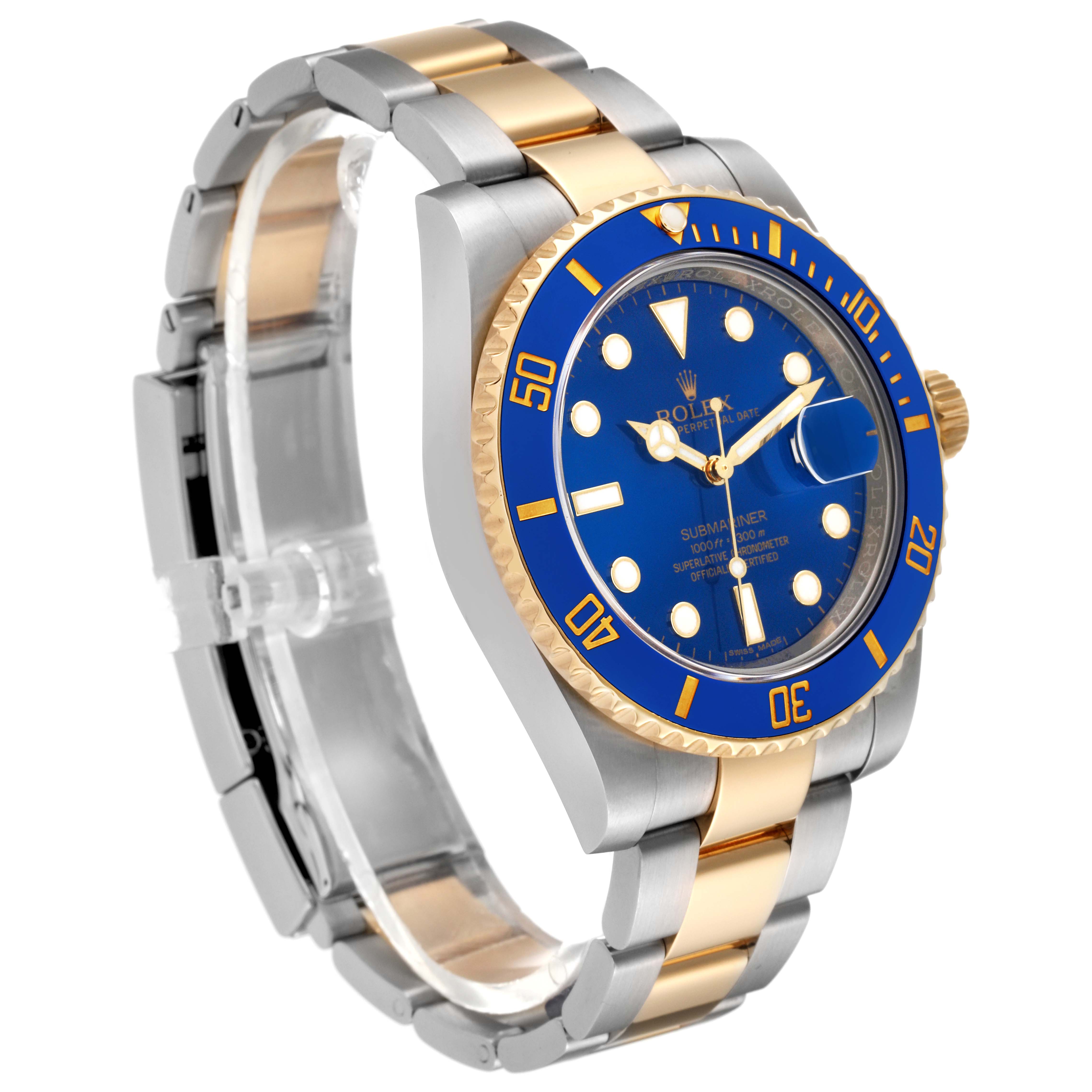 This image shows a Rolex Submariner 116613LB Men
s Steel and Gold (two tone) Blue Dial 116613LB Men
s Steel and Gold (two tone) Blue Dial watch at a 3/4 angle, highlighting its blue dial, bezel, and two-tone metal bracelet.