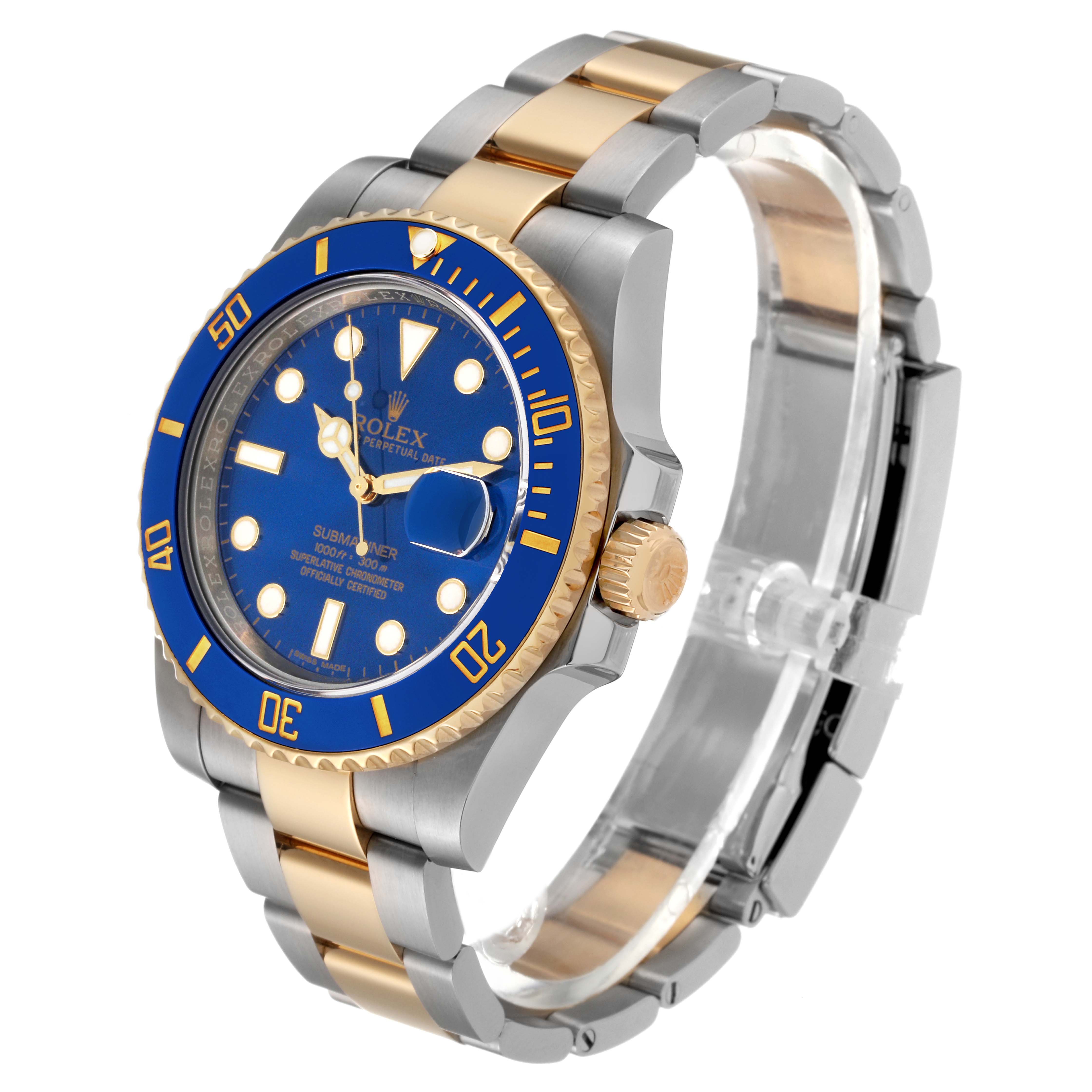 The image shows a Rolex Submariner 116613LB Men
s Steel and Gold (two tone) Blue Dial 116613LB Men
s Steel and Gold (two tone) Blue Dial watch at a three-quarter angle, highlighting its blue bezel, dial, and two-tone bracelet.