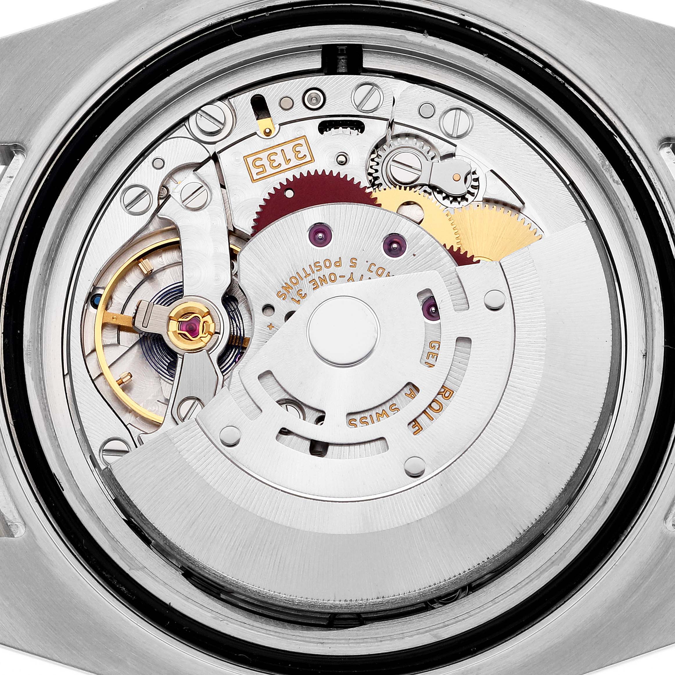 This image shows the internal mechanism and movement of a Rolex Submariner 116613LB Men
s Steel and Gold (two tone) Blue Dial 116613LB Men
s Steel and Gold (two tone) Blue Dial watch, viewed from the back.