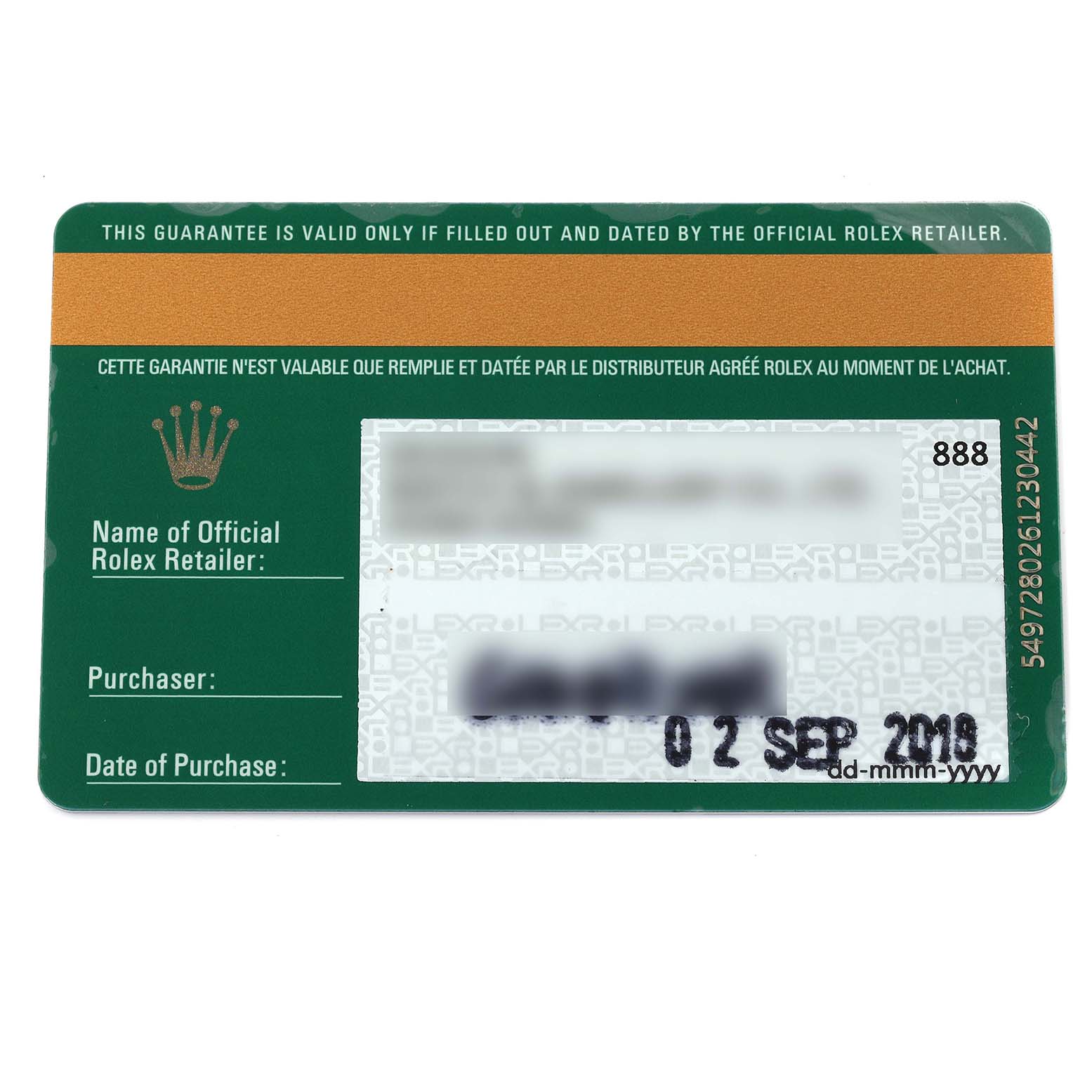 The image shows a guarantee card for a Rolex Submariner 116613LB Men
s Steel and Gold (two tone) Blue Dial 116613LB Men
s Steel and Gold (two tone) Blue Dial watch, displaying the official retailer
s details and date of purchase.