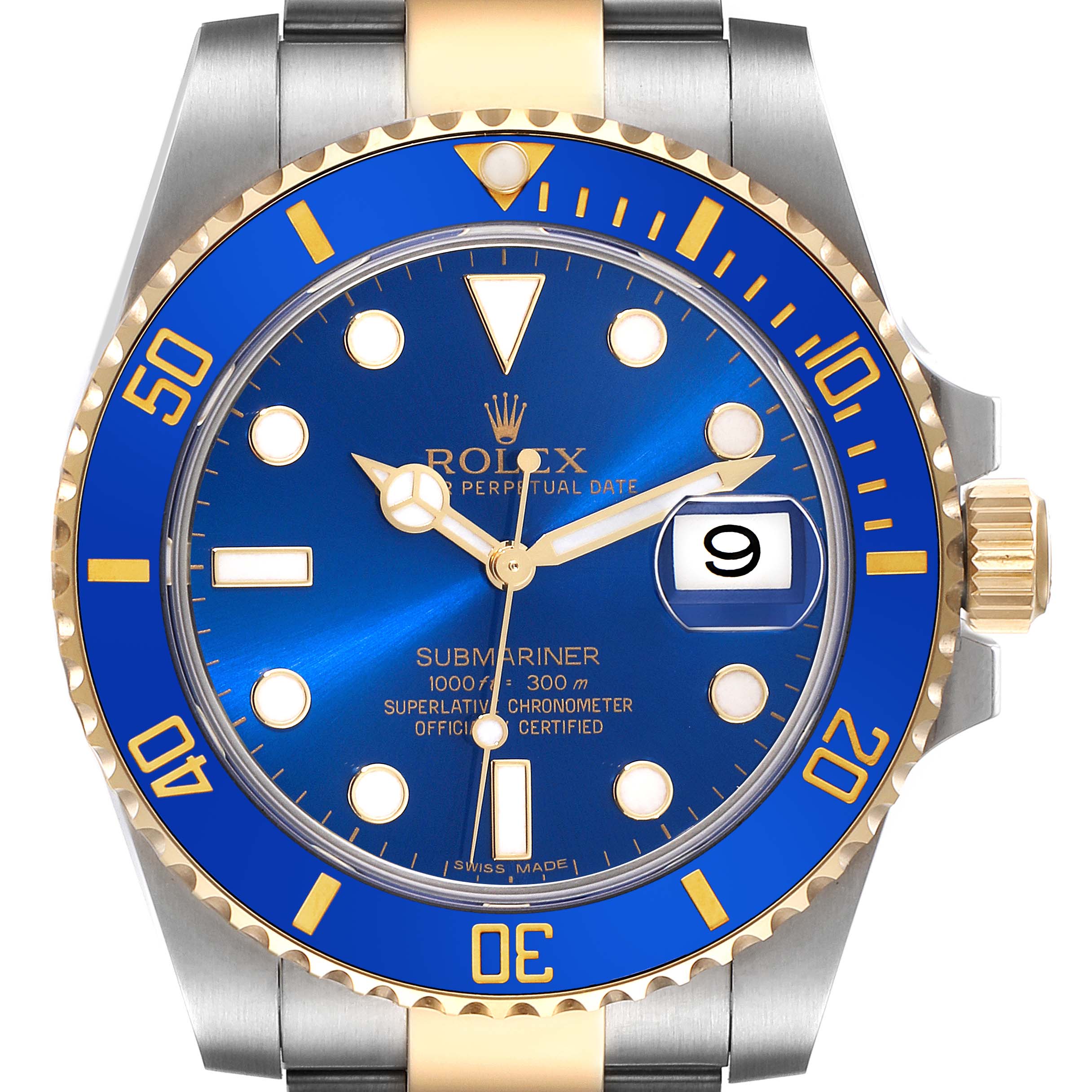 The image shows a front view of a Rolex Submariner 116613LB Men
s Steel and Gold (two tone) Blue Dial 116613LB Men
s Steel and Gold (two tone) Blue Dial watch, highlighting the blue dial, gold accents, and date window.