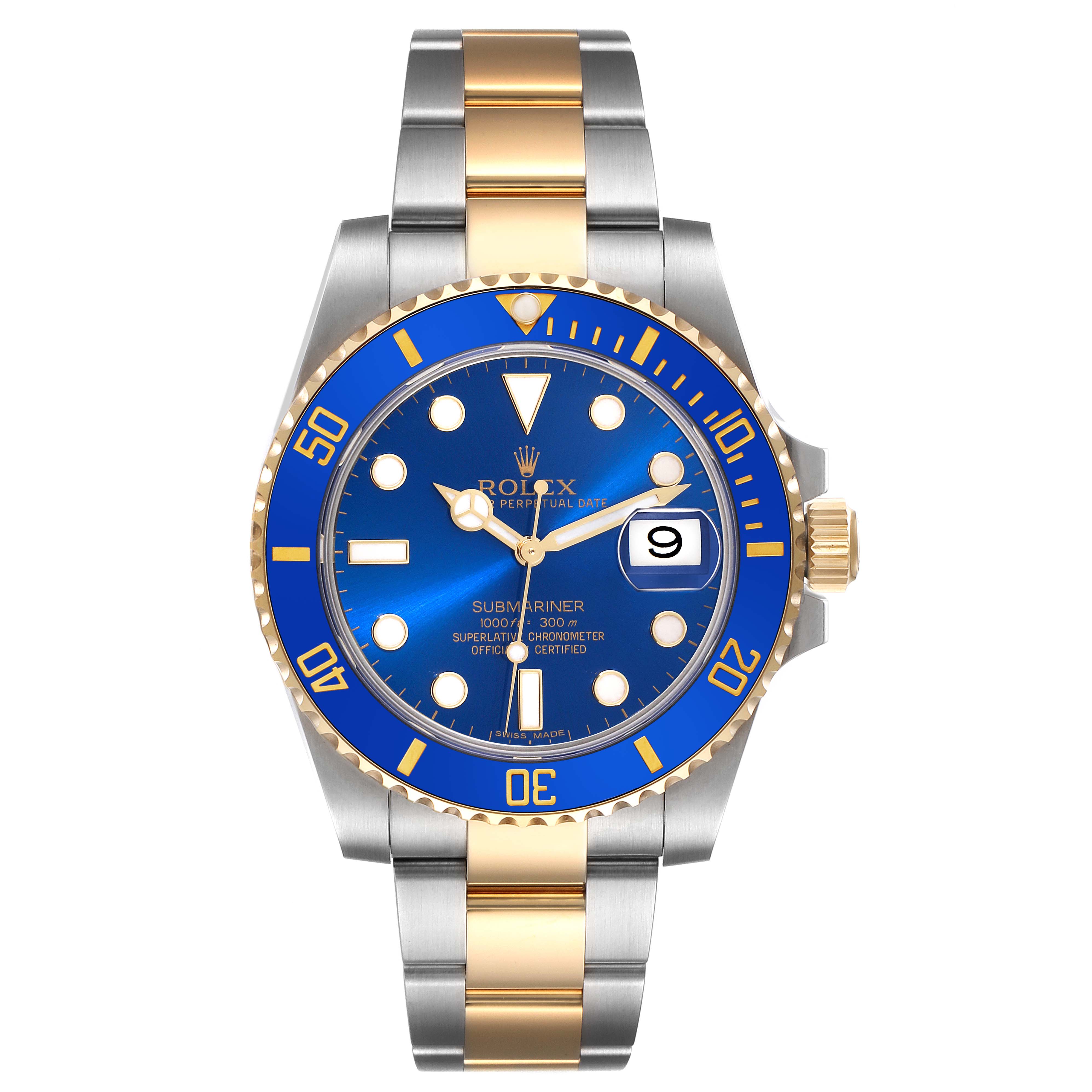 The image shows a front view of a Rolex Submariner 116613LB Men
s Steel and Gold (two tone) Blue Dial 116613LB Men
s Steel and Gold (two tone) Blue Dial watch with a blue dial and a two-tone metal bracelet.