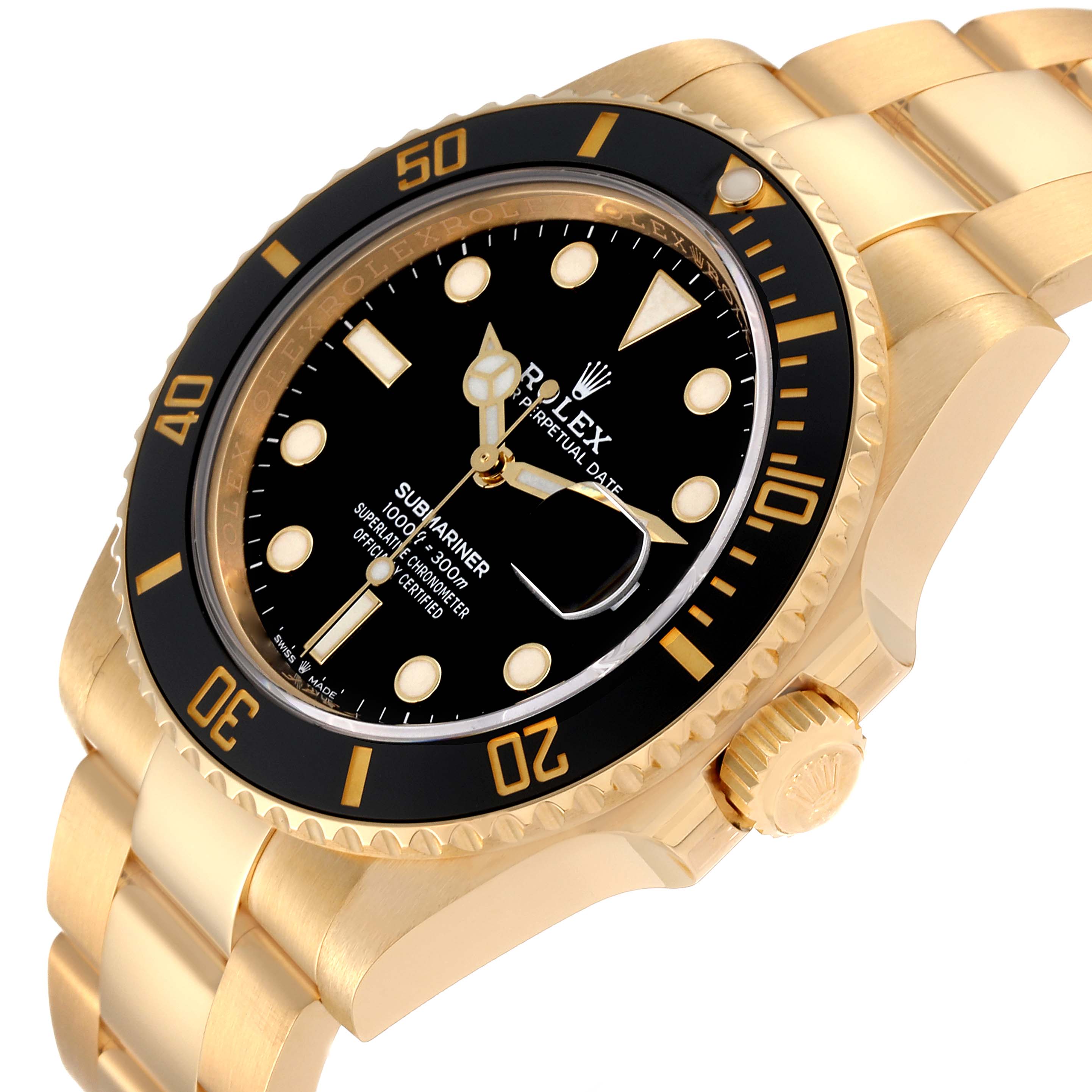 This image shows a side view of the Rolex Submariner 126618 Men's Yellow Gold Black Dial 126618 Men's Yellow Gold Black Dial, highlighting its gold case, black dial, and bezel, along with the bracelet and crown.