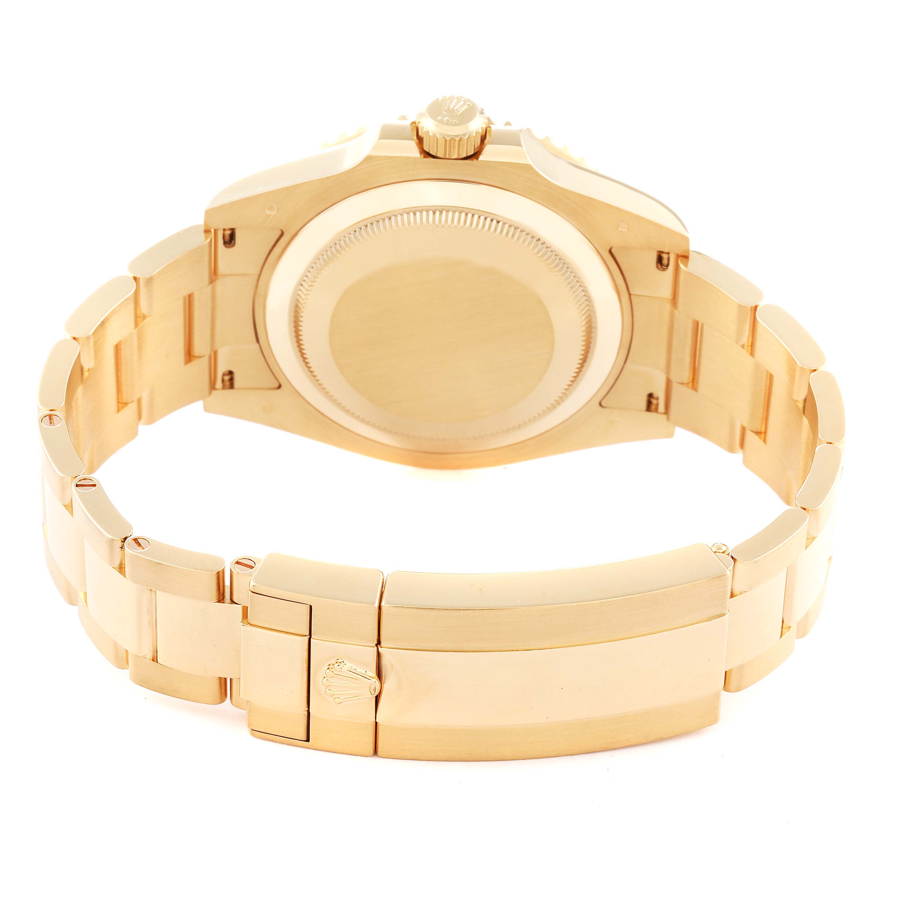 This image shows the back case and bracelet clasp of a Rolex Submariner 126618 Men's Yellow Gold Black Dial 126618 Men's Yellow Gold Black Dial watch from a rear angle.