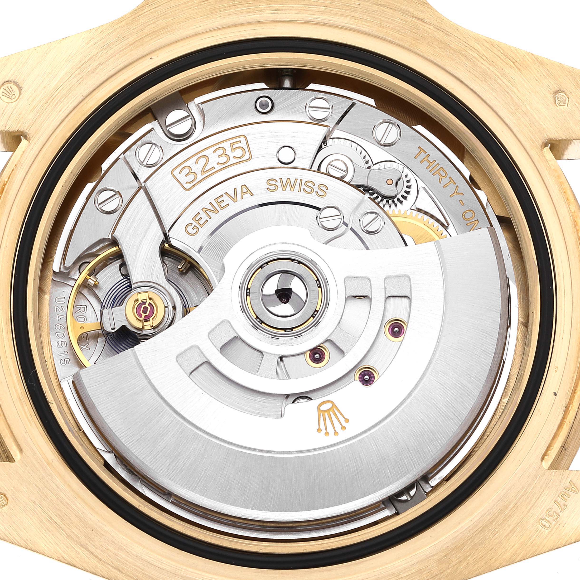 This image shows the movement mechanism and intricate parts of the Rolex Submariner 126618 Men's Yellow Gold Black Dial 126618 Men's Yellow Gold Black Dial watch, viewed from the back.