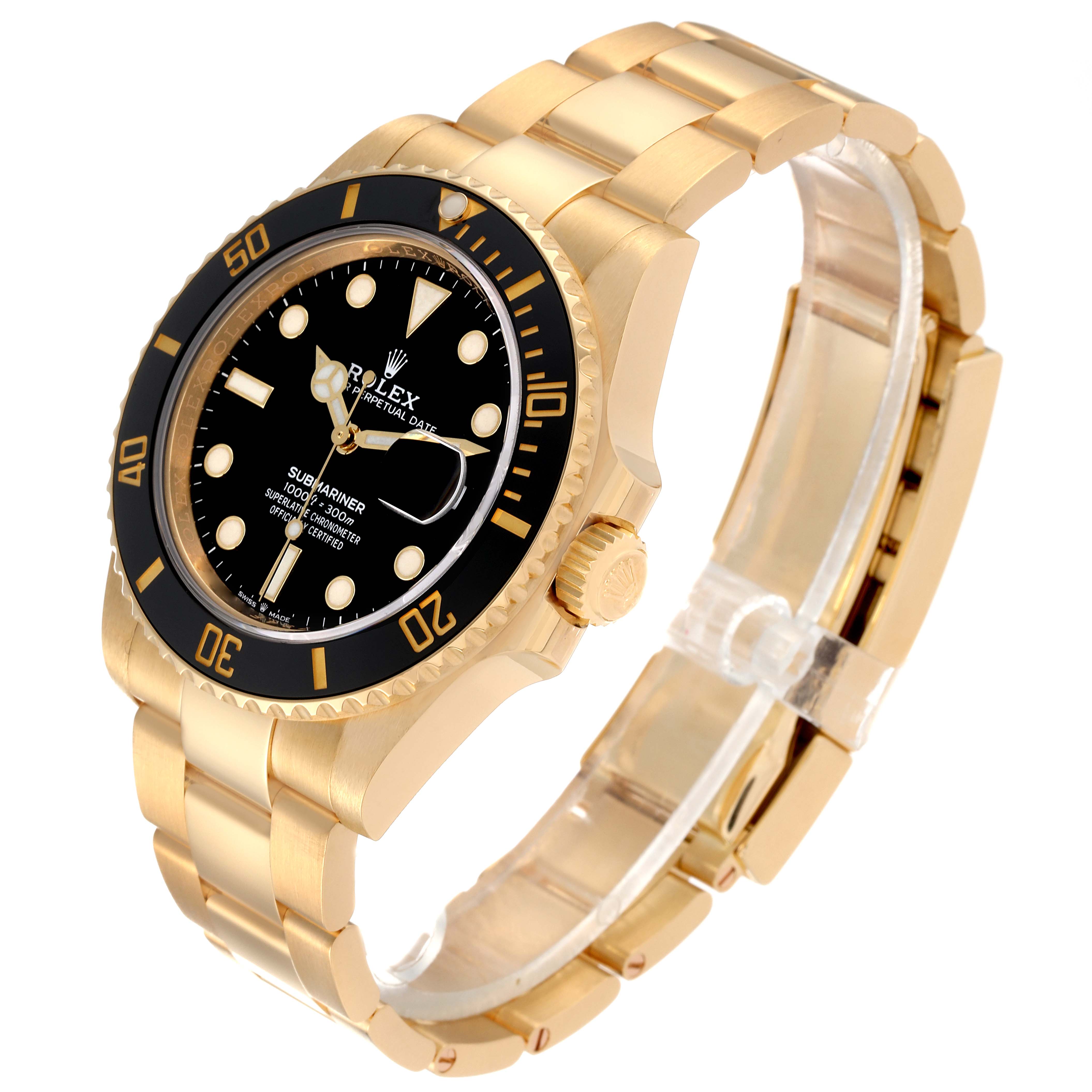 The image shows a Rolex Submariner 126618 Men's Yellow Gold Black Dial 126618 Men's Yellow Gold Black Dial watch at an angled side view, showcasing its bracelet, bezel, dial, and crown.